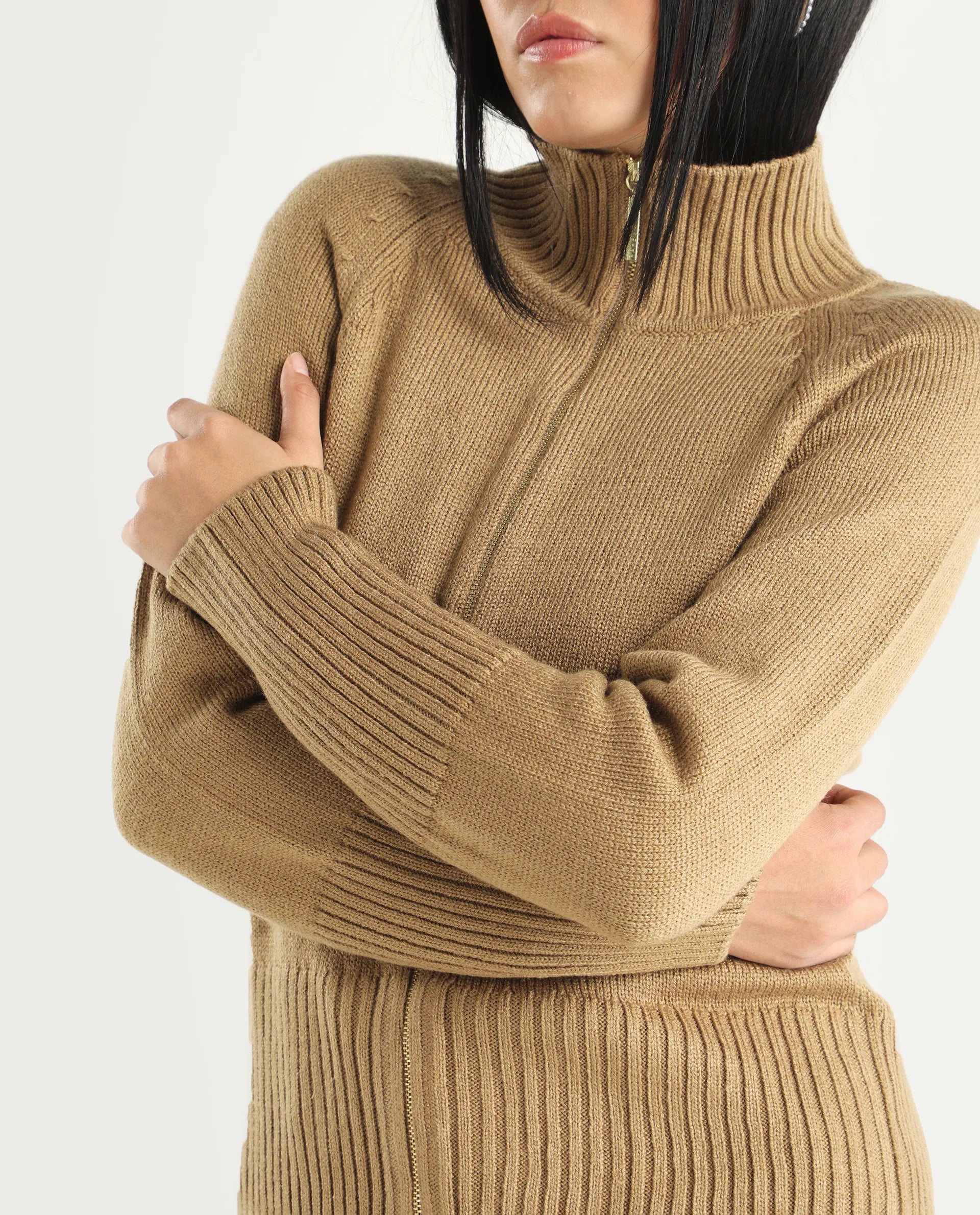 Rareism Women's Jaggero Dark Beige Acrylic High Neck Relaxed Fit Plain Jacket