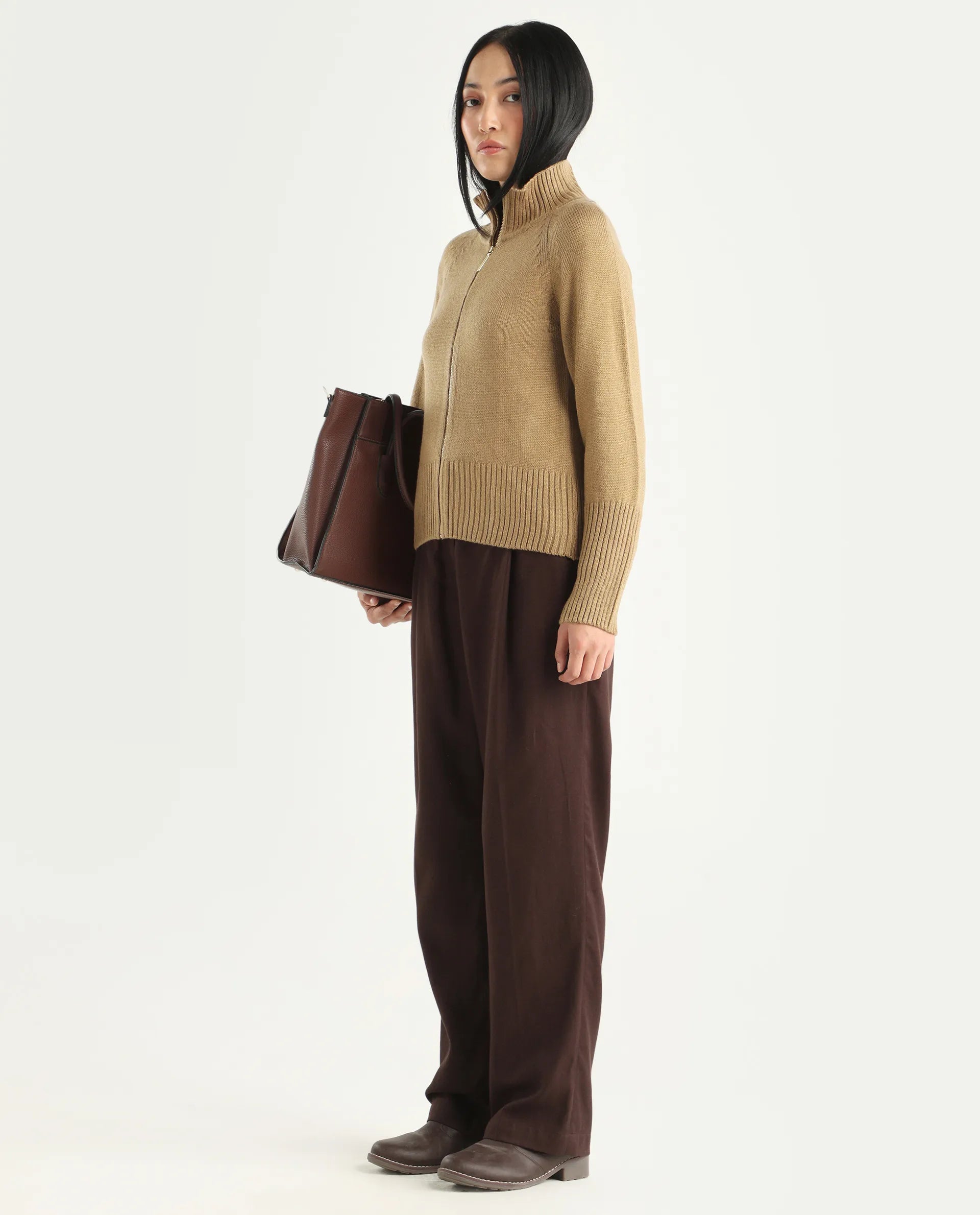 Rareism Women's Jaggero Dark Beige Acrylic High Neck Relaxed Fit Plain Jacket