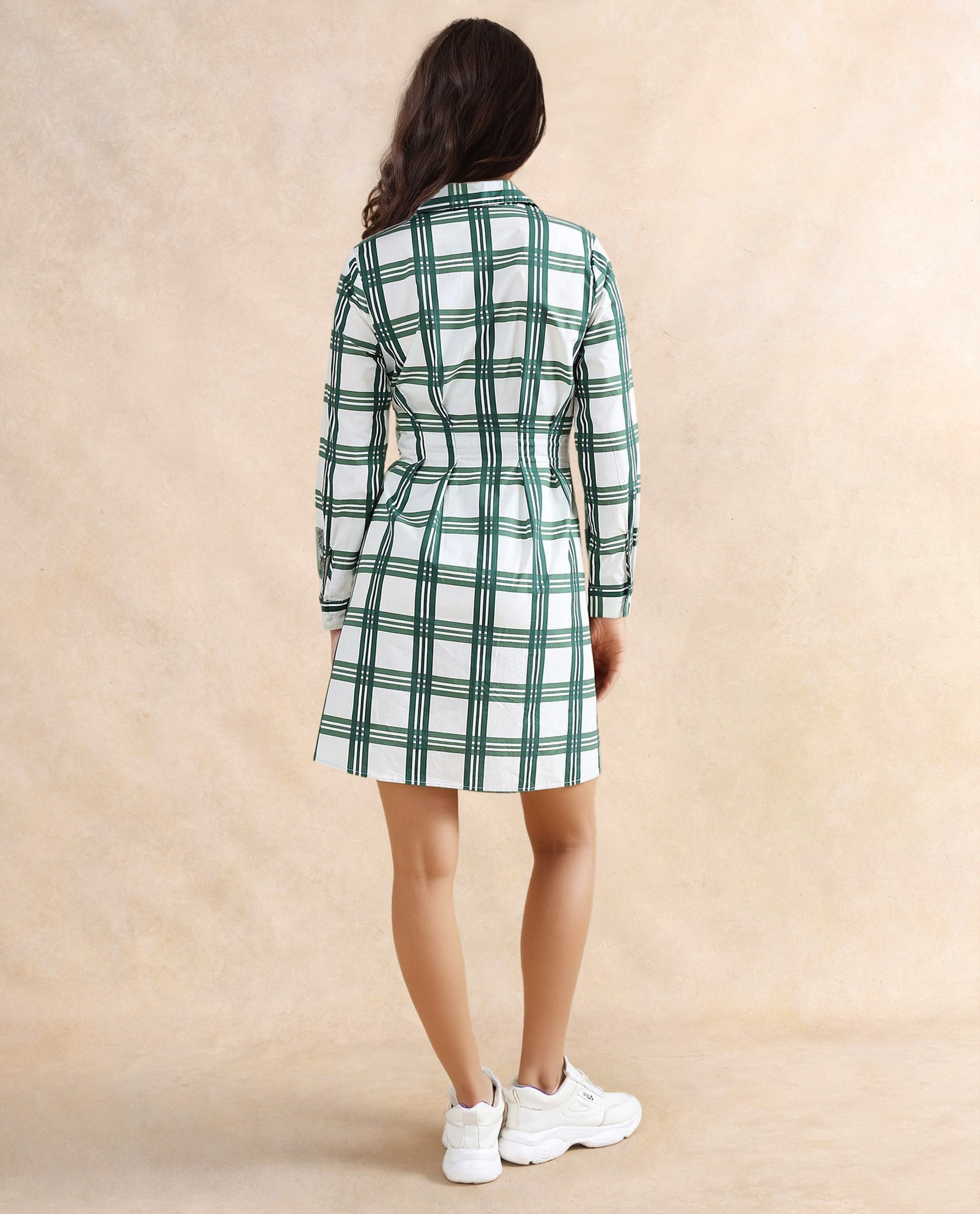 Rareism Women's Jalopim Light Ecru Cotton Drop Collar Flannel Print Cuffed Sleeve Mini Fit And Flare Dress