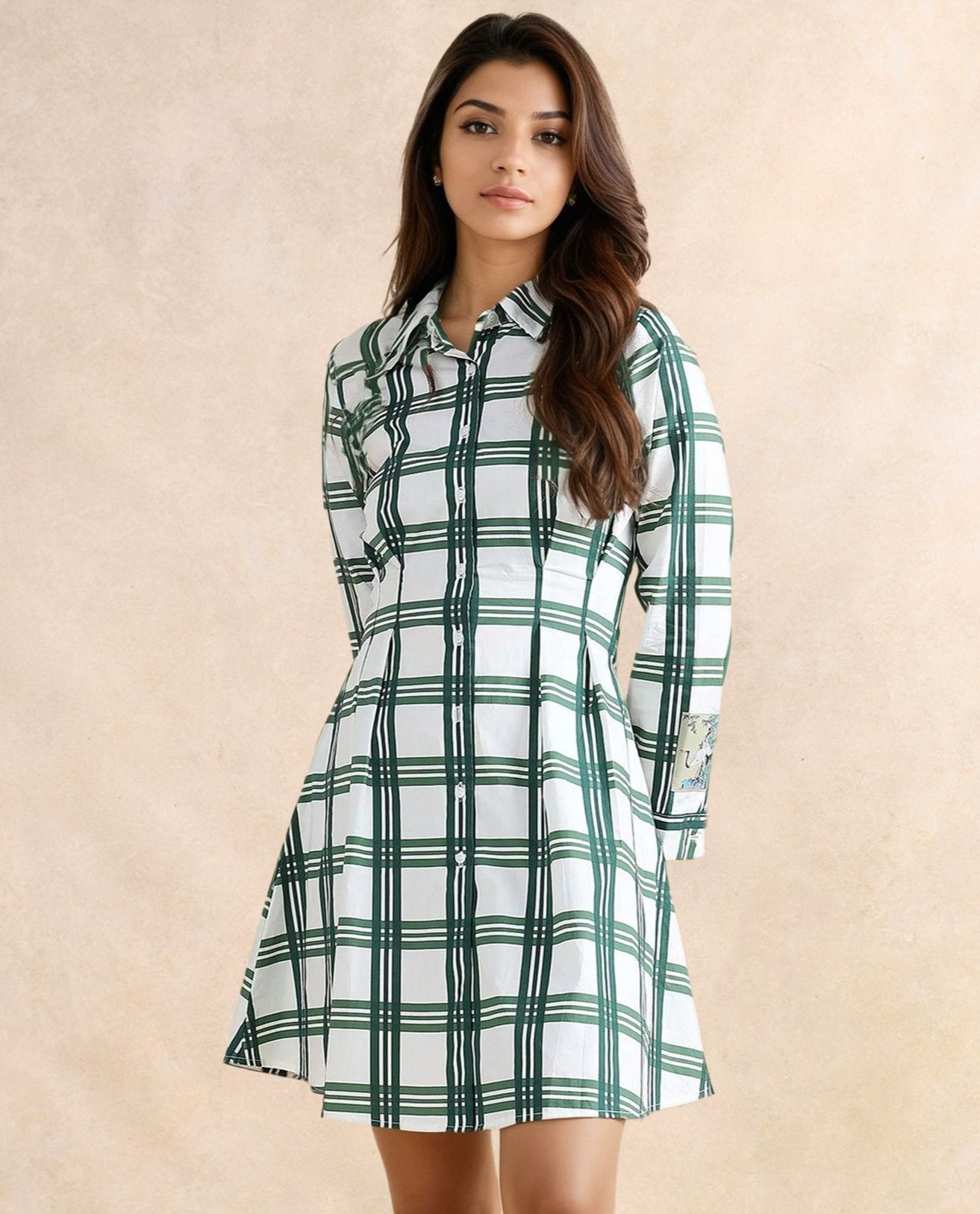 Rareism Women's Jalopim Light Ecru Cotton Drop Collar Flannel Print Cuffed Sleeve Mini Fit And Flare Dress