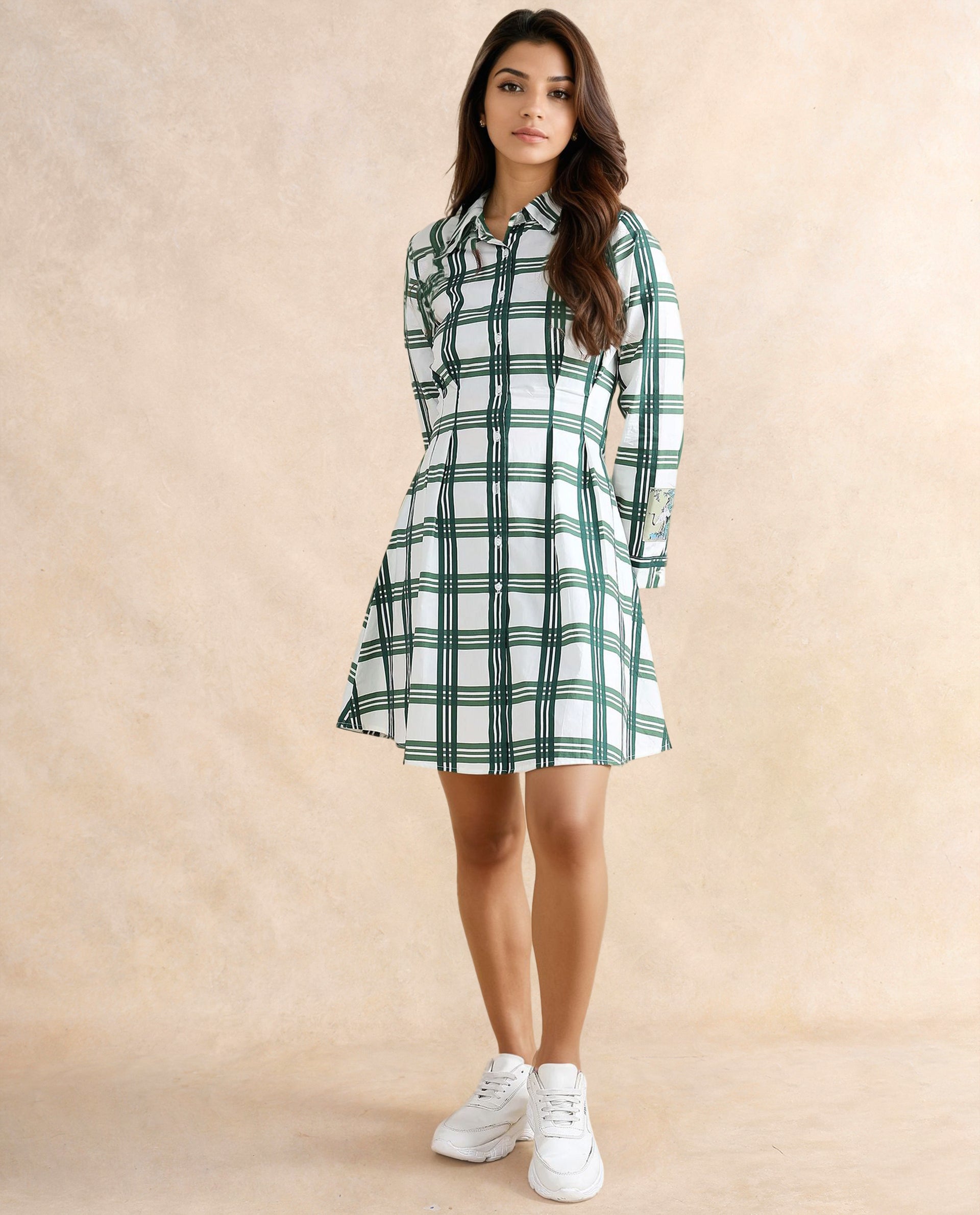 Rareism Women's Jalopim Light Ecru Cotton Drop Collar Flannel Print Cuffed Sleeve Mini Fit And Flare Dress