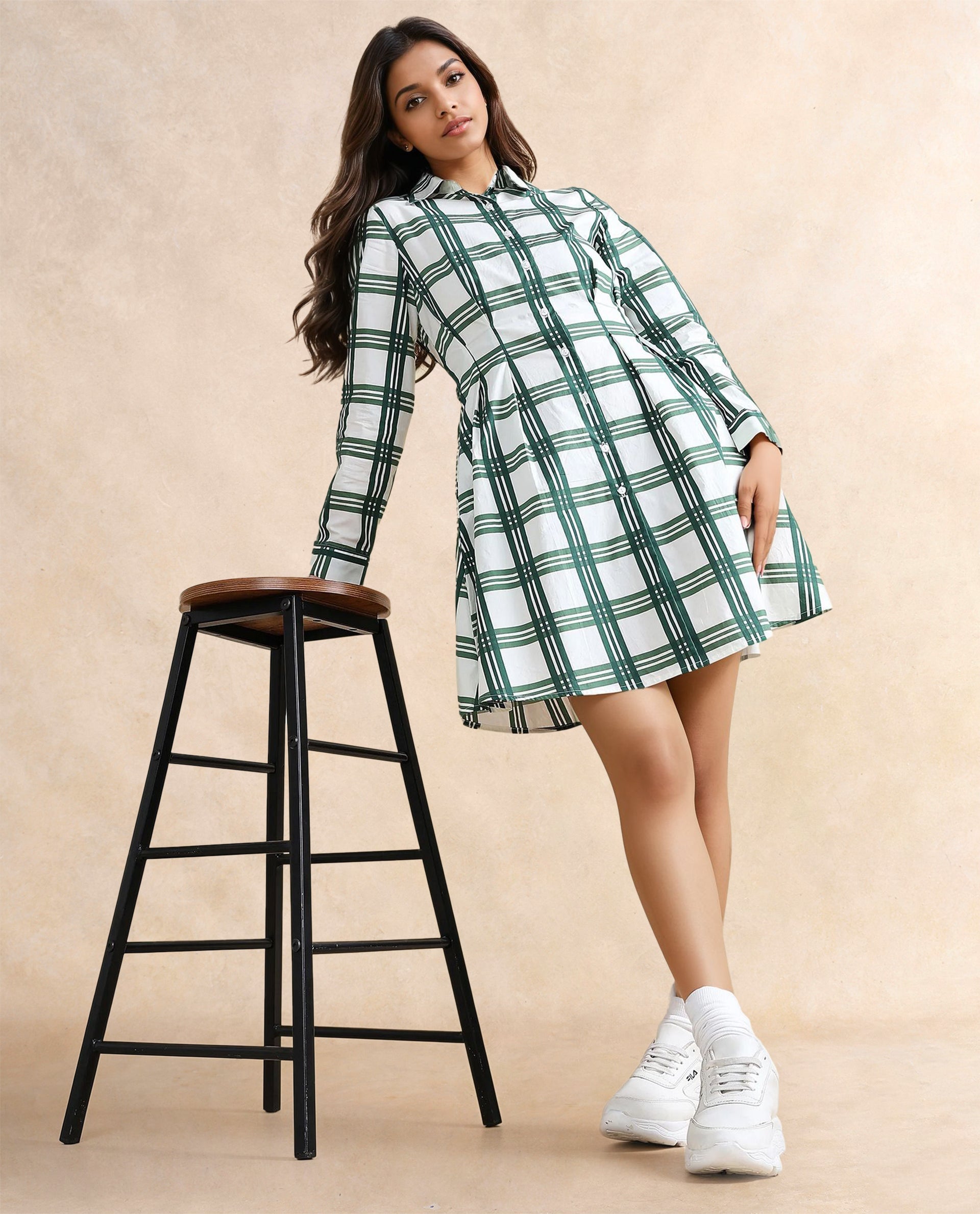 Rareism Women's Jalopim Light Ecru Cotton Drop Collar Flannel Print Cuffed Sleeve Mini Fit And Flare Dress