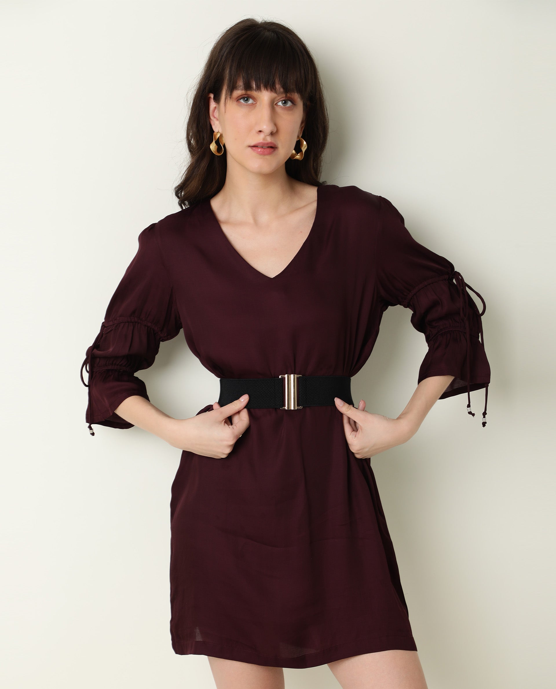 Rareism Women's Jamm Maroon V-Neck Plain Knee Length Regular Fit Dress