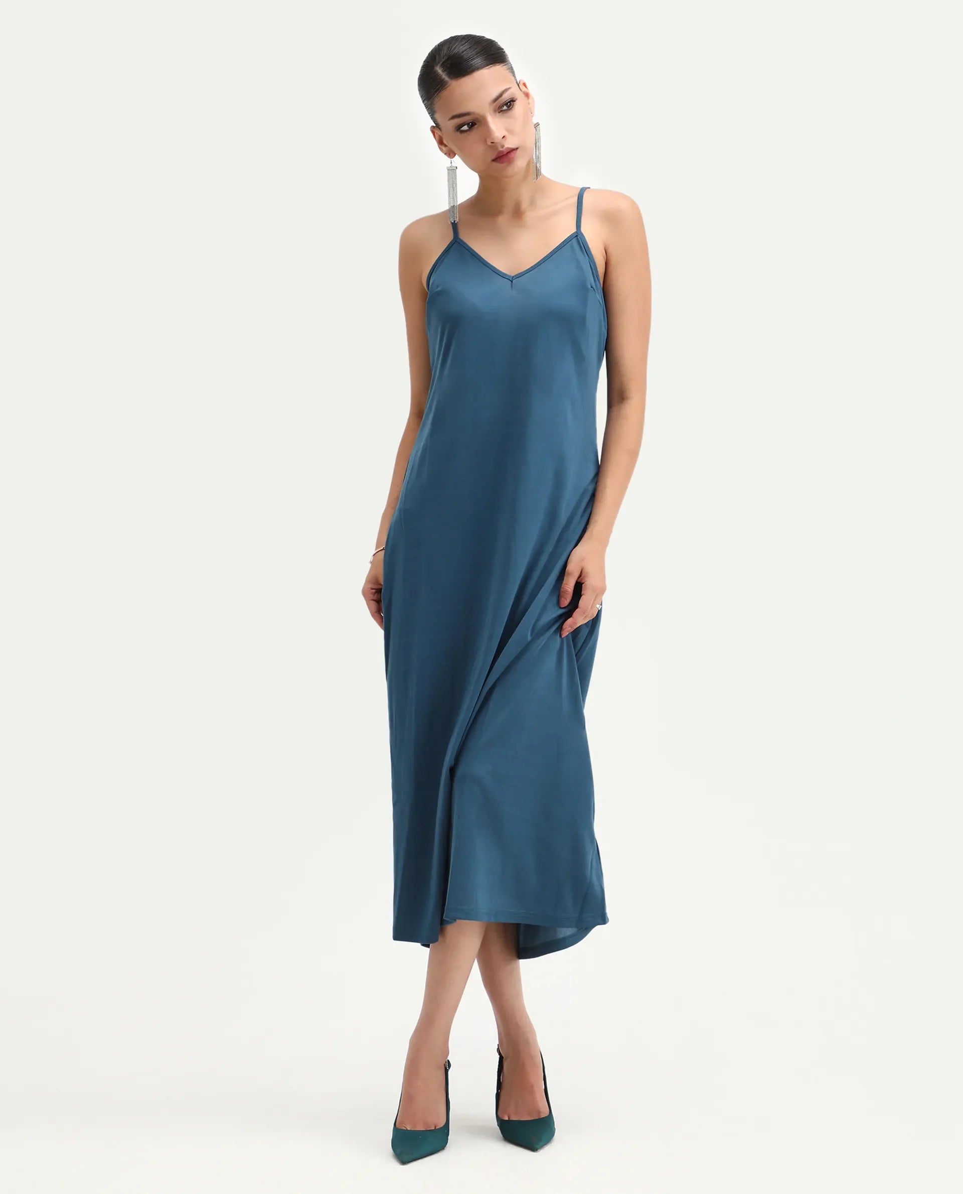 Rareism Women's Janambi Dark Blue Cotton V-Neck Ombre Kimono Sleeve Maxi Flared Dress