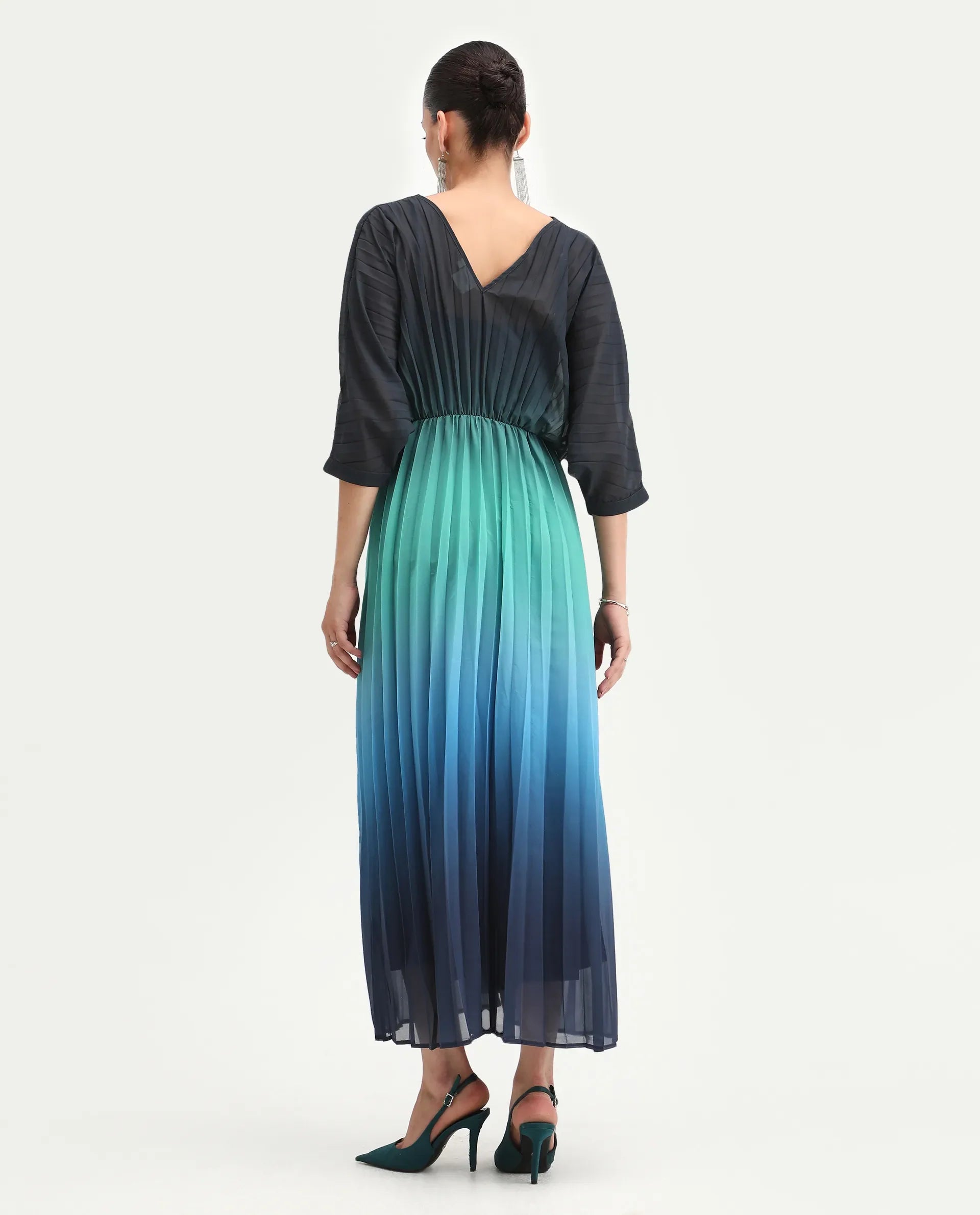 Rareism Women's Janambi Dark Blue Cotton V-Neck Ombre Kimono Sleeve Maxi Flared Dress