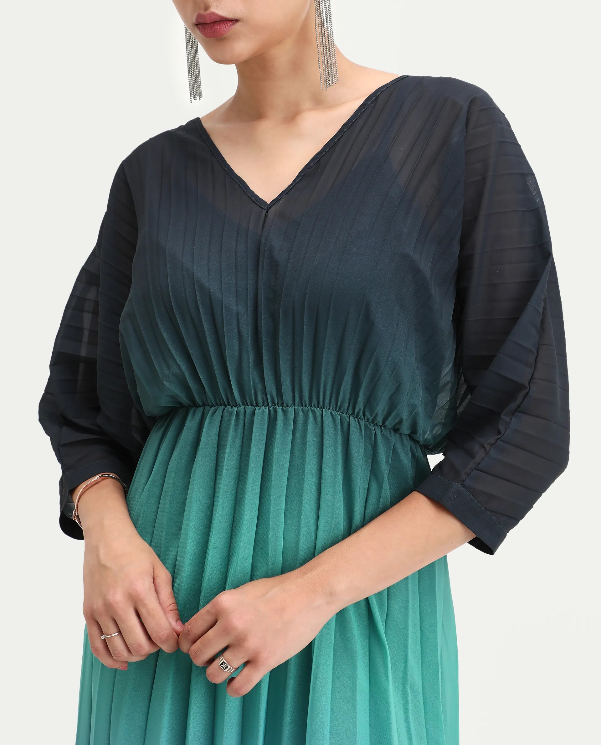 Rareism Women's Janambi Dark Blue Cotton V-Neck Ombre Kimono Sleeve Maxi Flared Dress