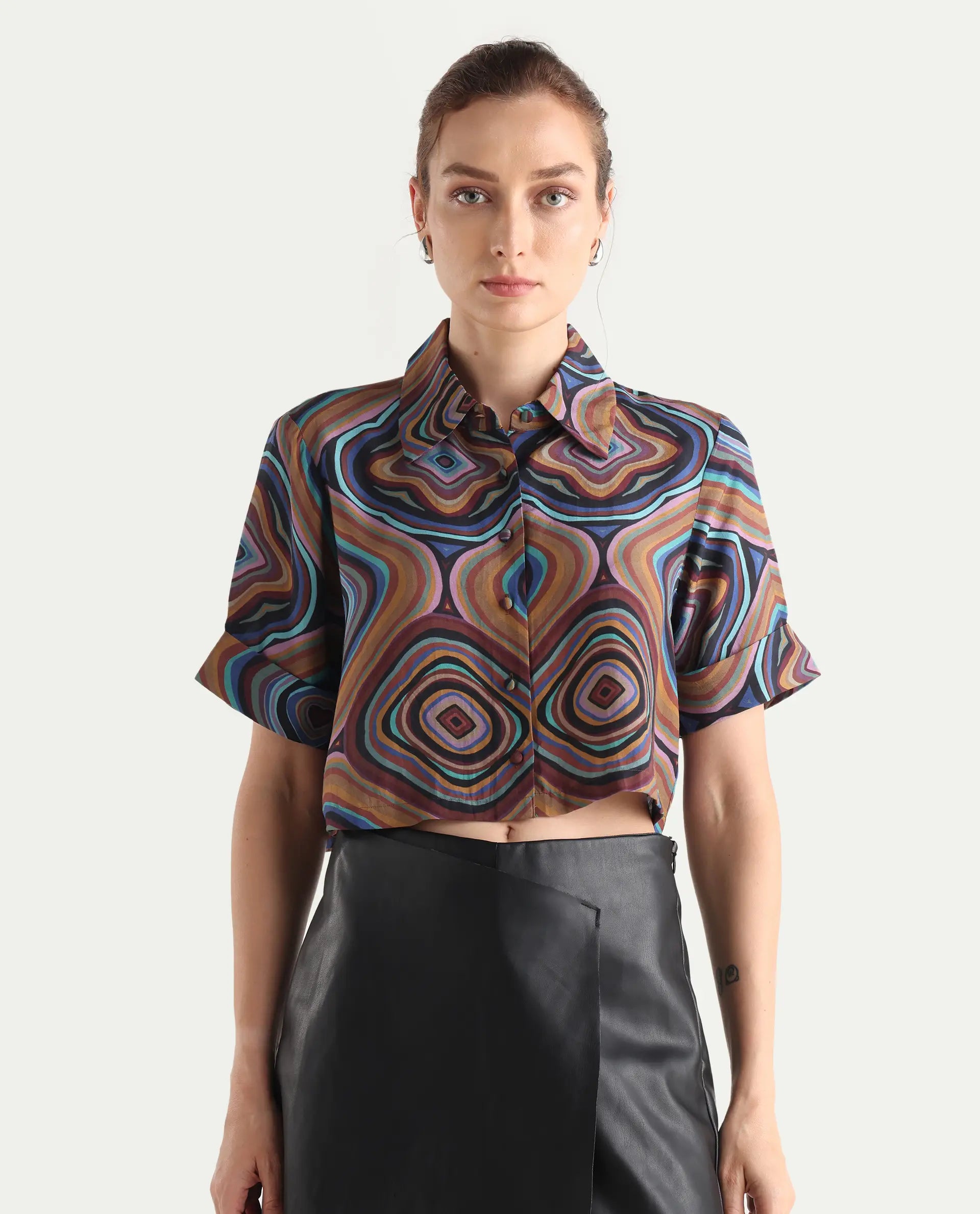 Rareism Women's Janber Dark Multi Cotton Spread Collar Abstract Print Crop Regular Fit Shirt