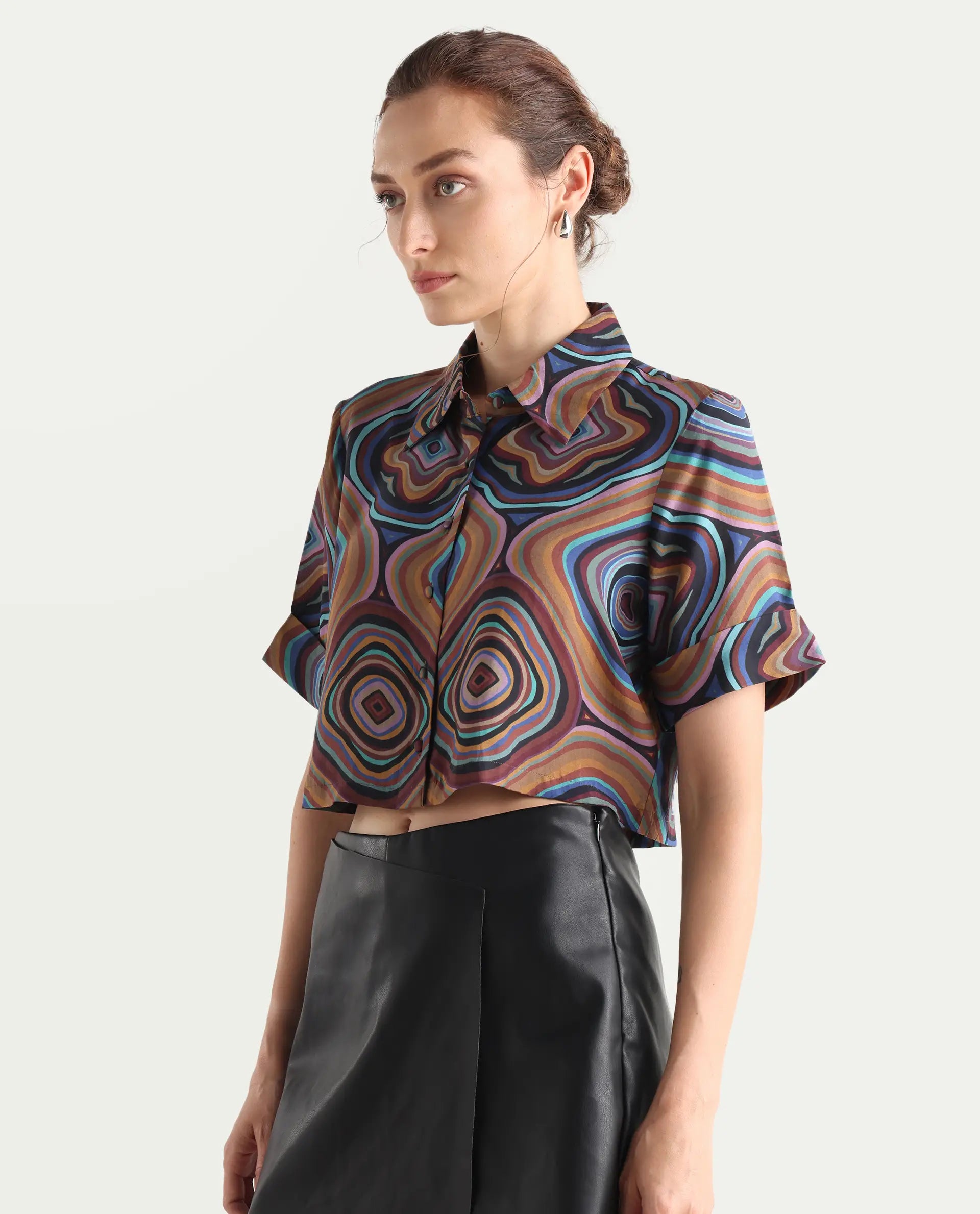 Rareism Women's Janber Dark Multi Cotton Spread Collar Abstract Print Crop Regular Fit Shirt