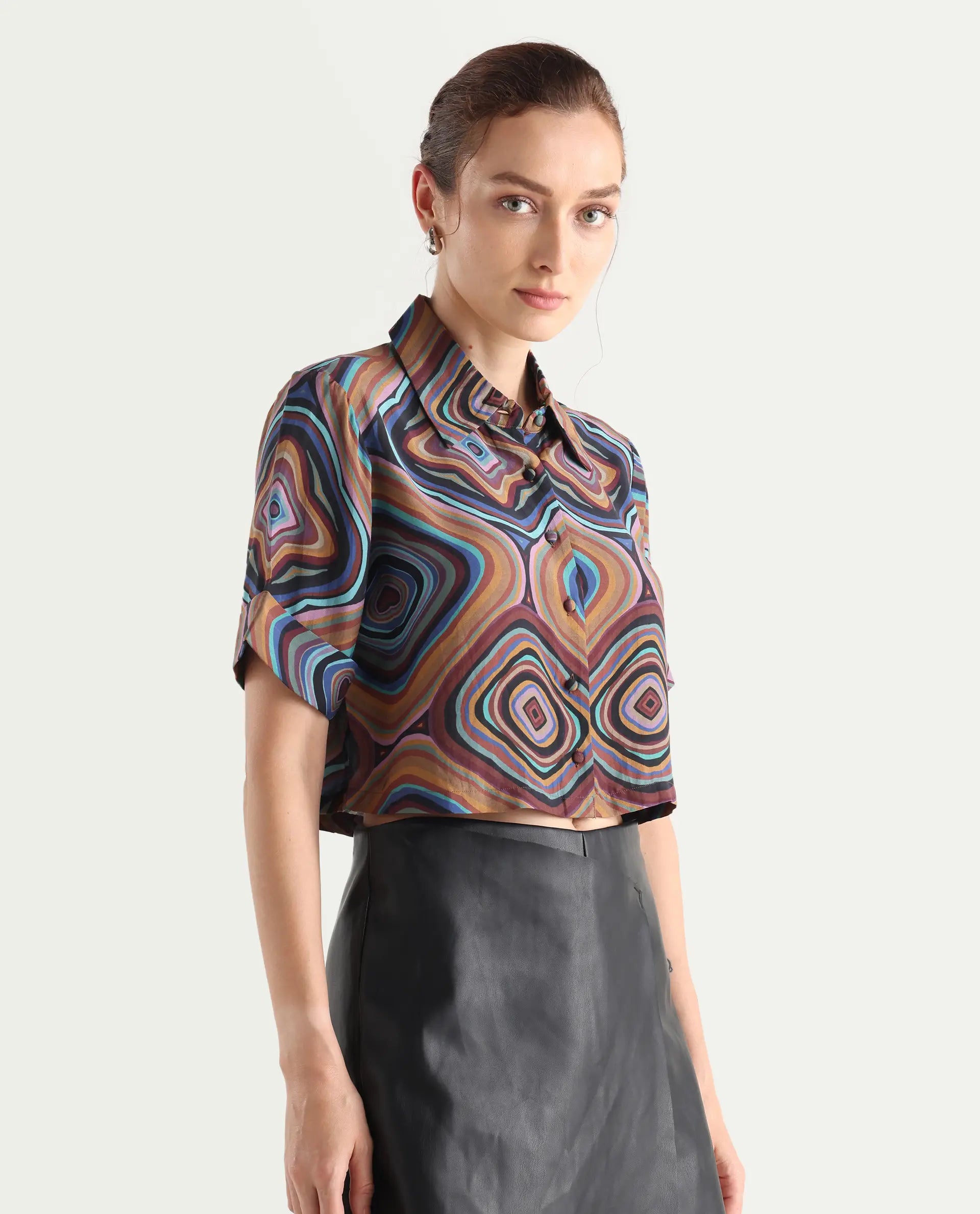 Rareism Women's Janber Dark Multi Cotton Spread Collar Abstract Print Crop Regular Fit Shirt
