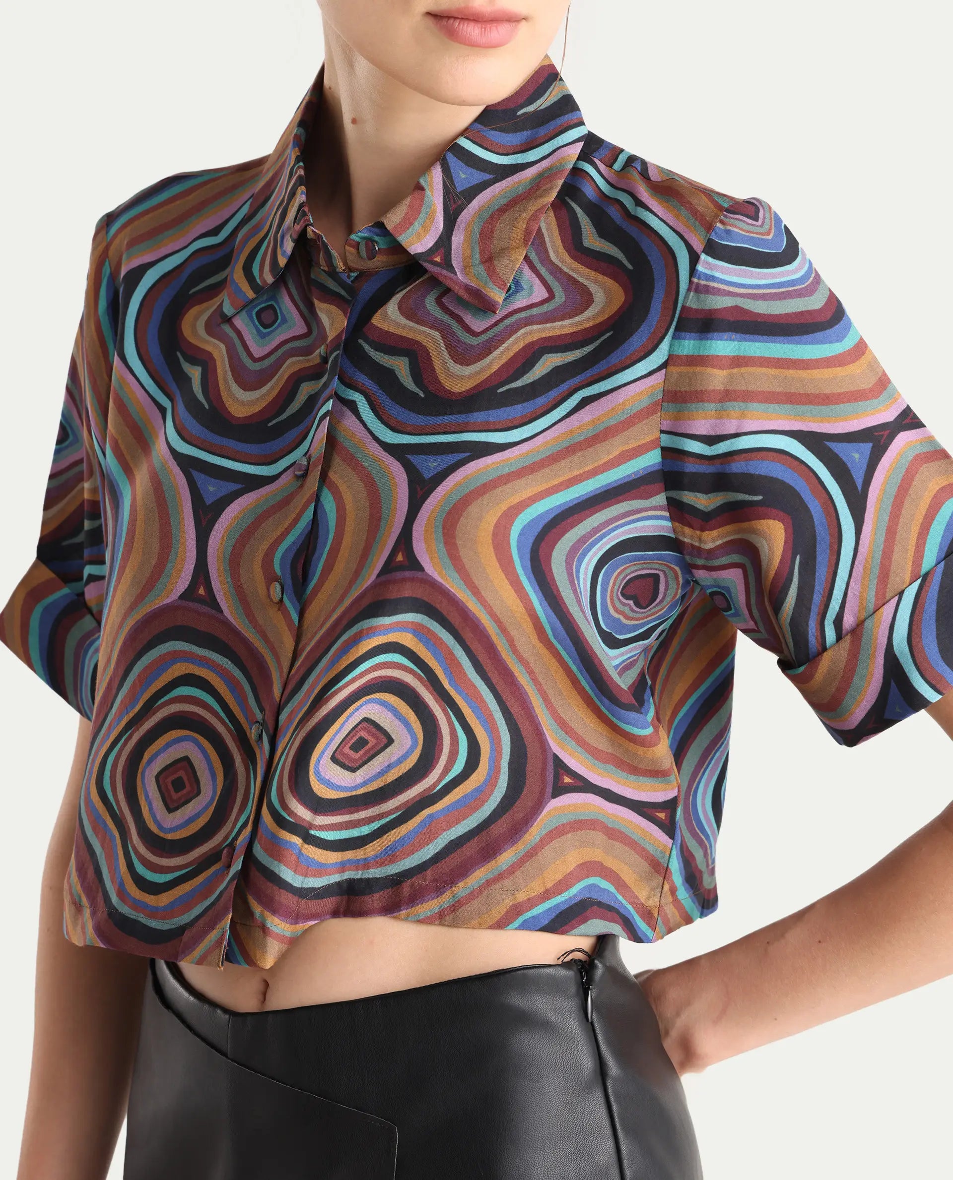 Rareism Women's Janber Dark Multi Cotton Spread Collar Abstract Print Crop Regular Fit Shirt