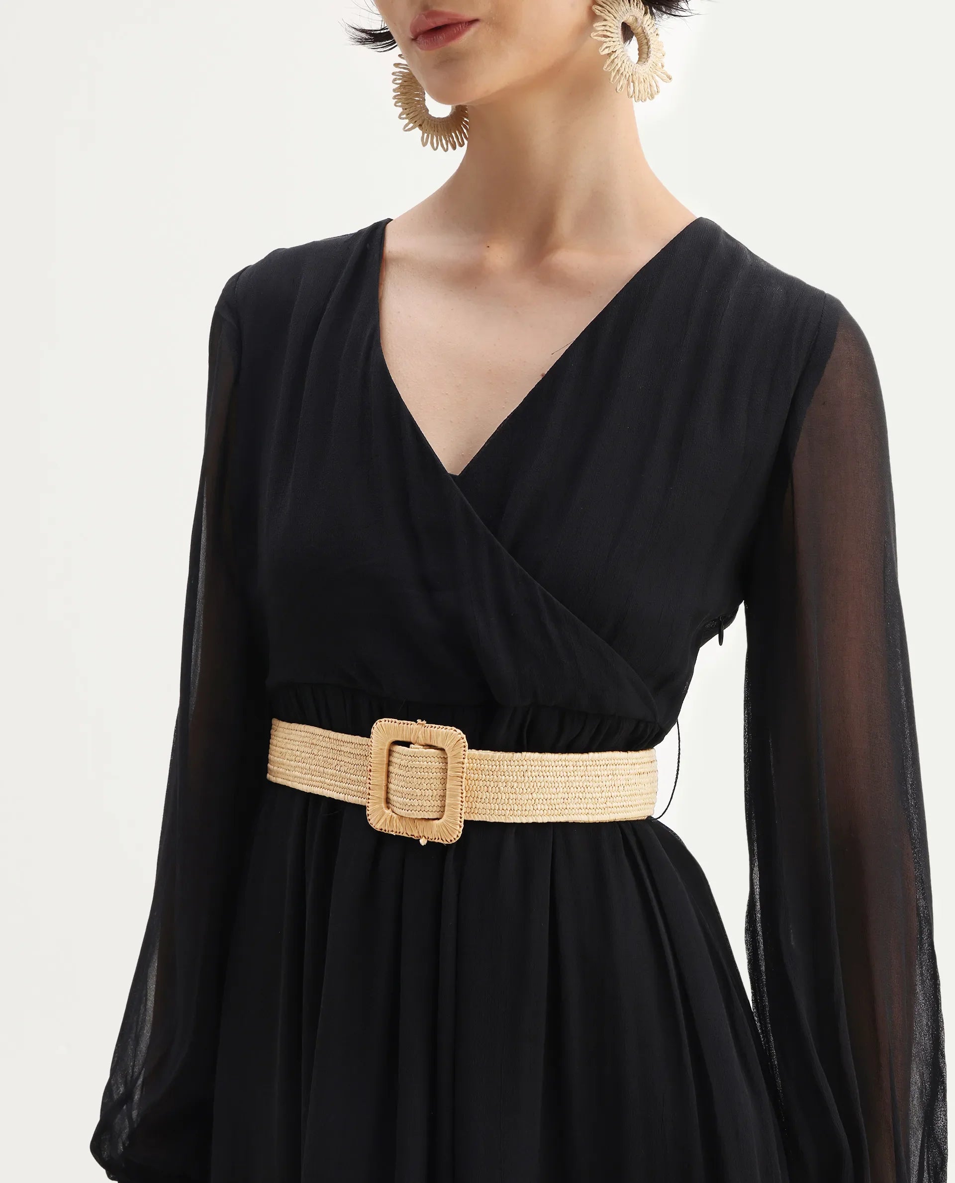 Rareism Women's Janclin Black Cotton V-Neck Plain Bishop Sleeve Maxi Fit And Flare Dress