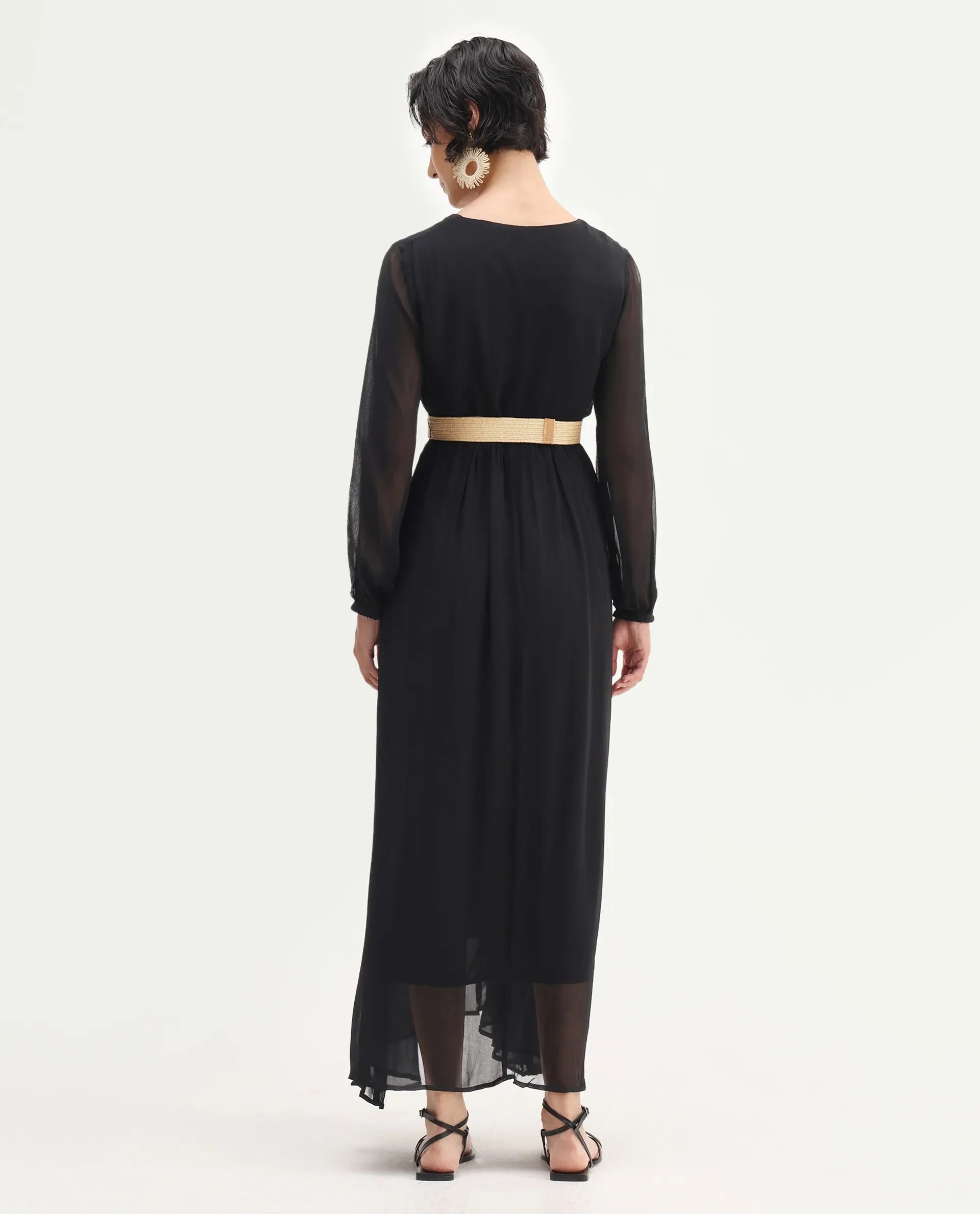 Rareism Women's Janclin Black Cotton V-Neck Plain Bishop Sleeve Maxi Fit And Flare Dress