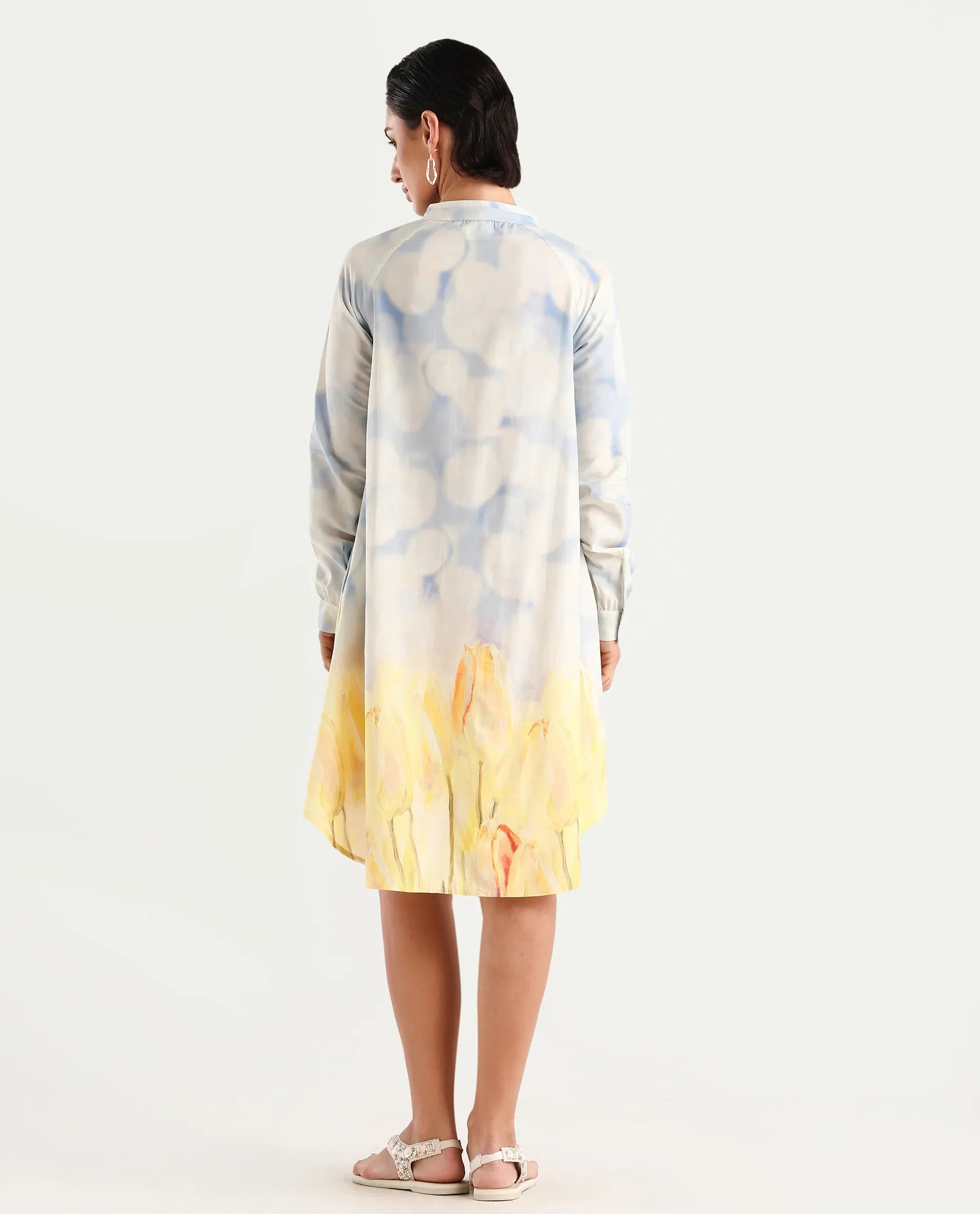 Rareism Women's Jancon Light Multi Modal Band Collar Floral Print Raglan Sleeve Mini A-Line Dress