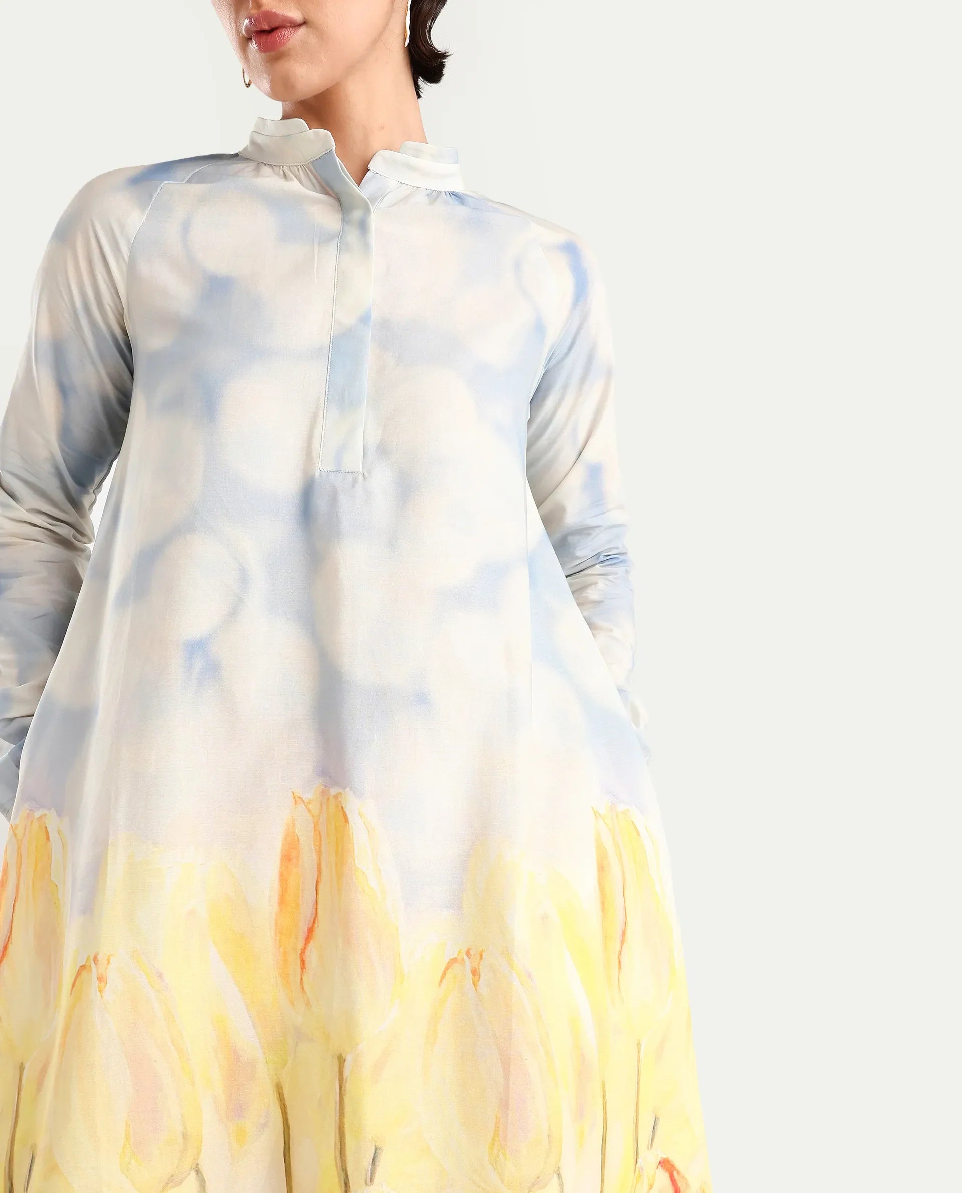 Rareism Women's Jancon Light Multi Modal Band Collar Floral Print Raglan Sleeve Mini A-Line Dress