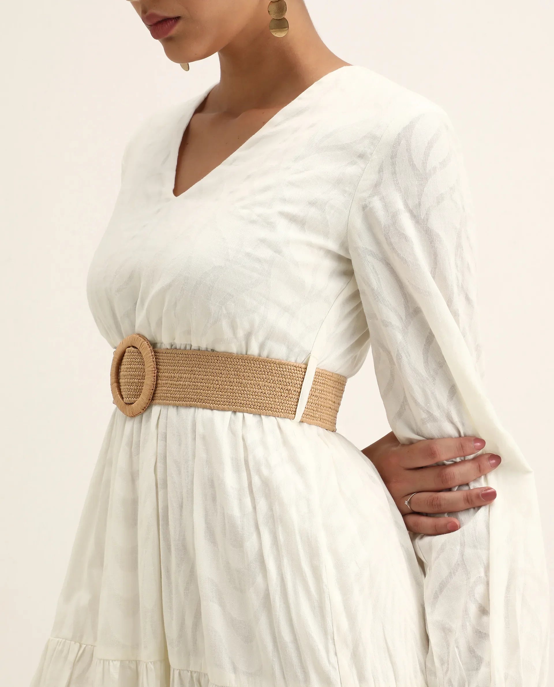 Rareism Women's Janco Off White Cotton V-Neck Plain Bishop Sleeve Maxi Fit And Flare Dress