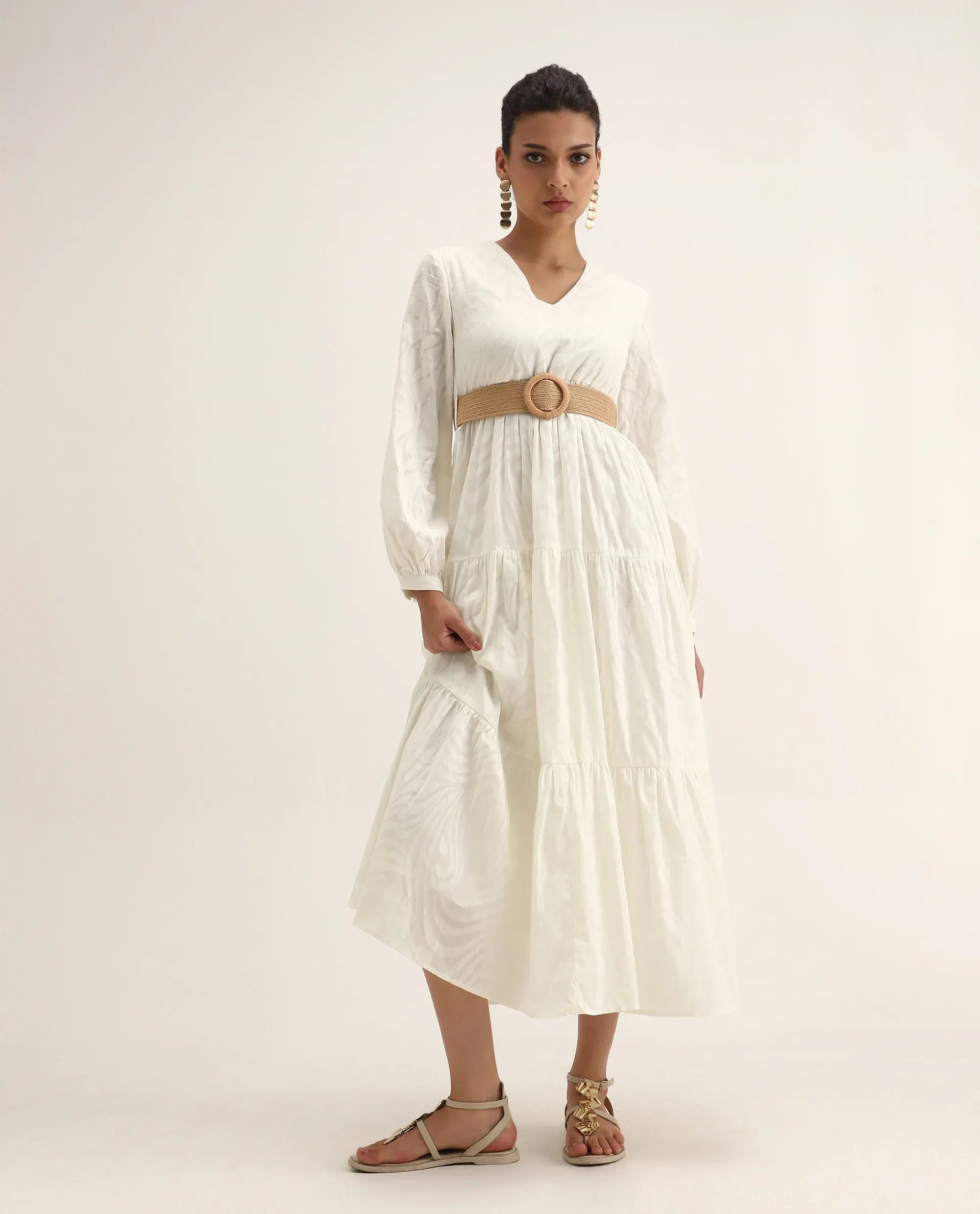 Rareism Women's Janco Off White Cotton V-Neck Plain Bishop Sleeve Maxi Fit And Flare Dress