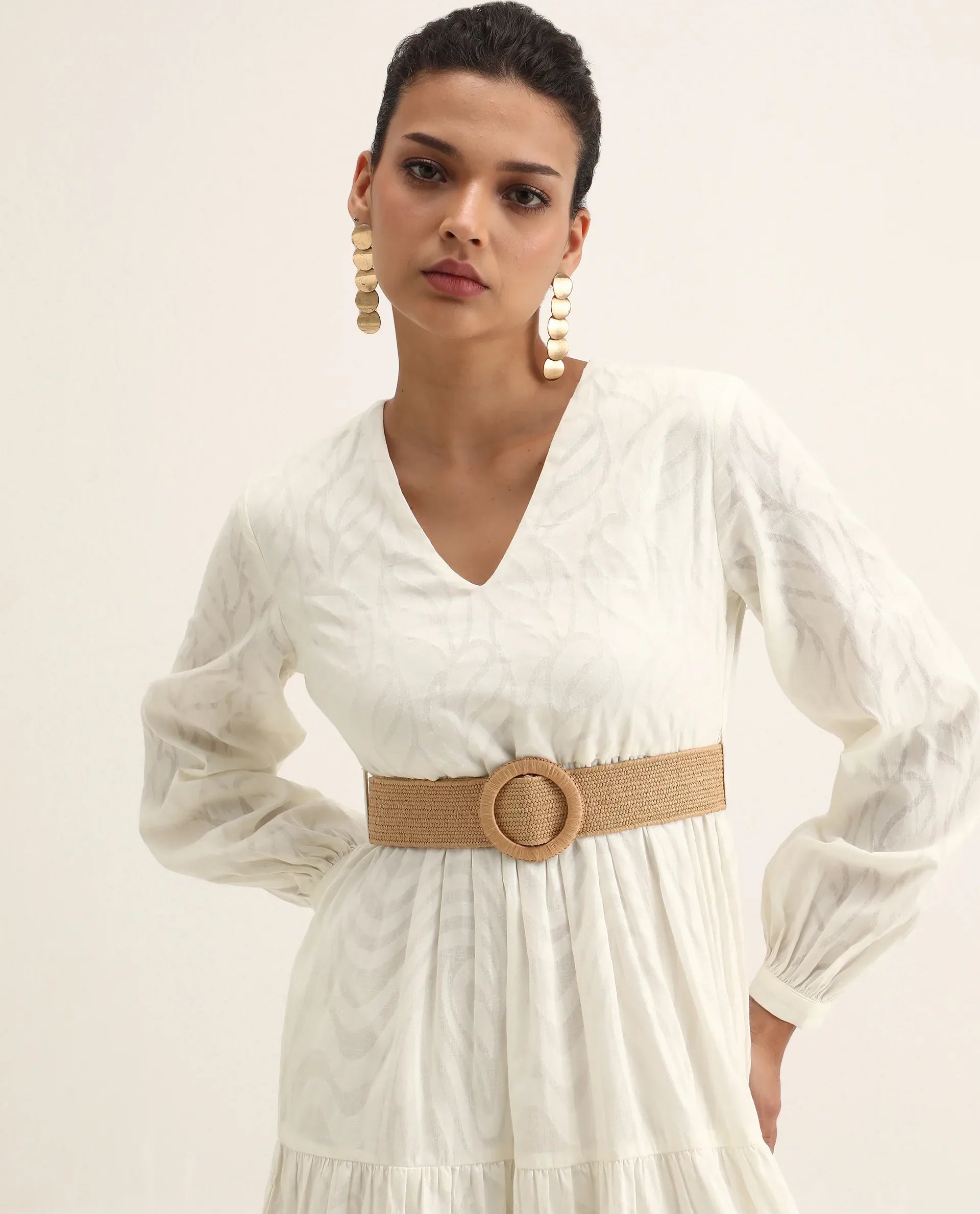 Rareism Women's Janco Off White Cotton V-Neck Plain Bishop Sleeve Maxi Fit And Flare Dress