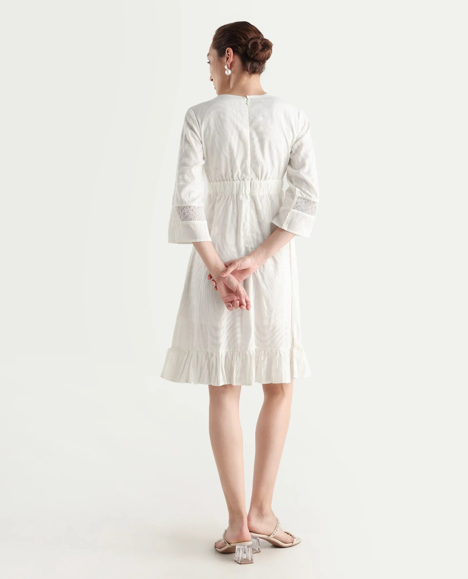 Rareism Women's Jancuol Off White Cotton V-Neck Plain Bell Sleeve Knee Length Fit And Flare Dress