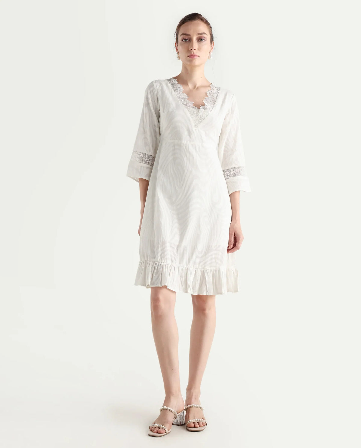 Rareism Women's Jancuol Off White Cotton V-Neck Plain Bell Sleeve Knee Length Fit And Flare Dress