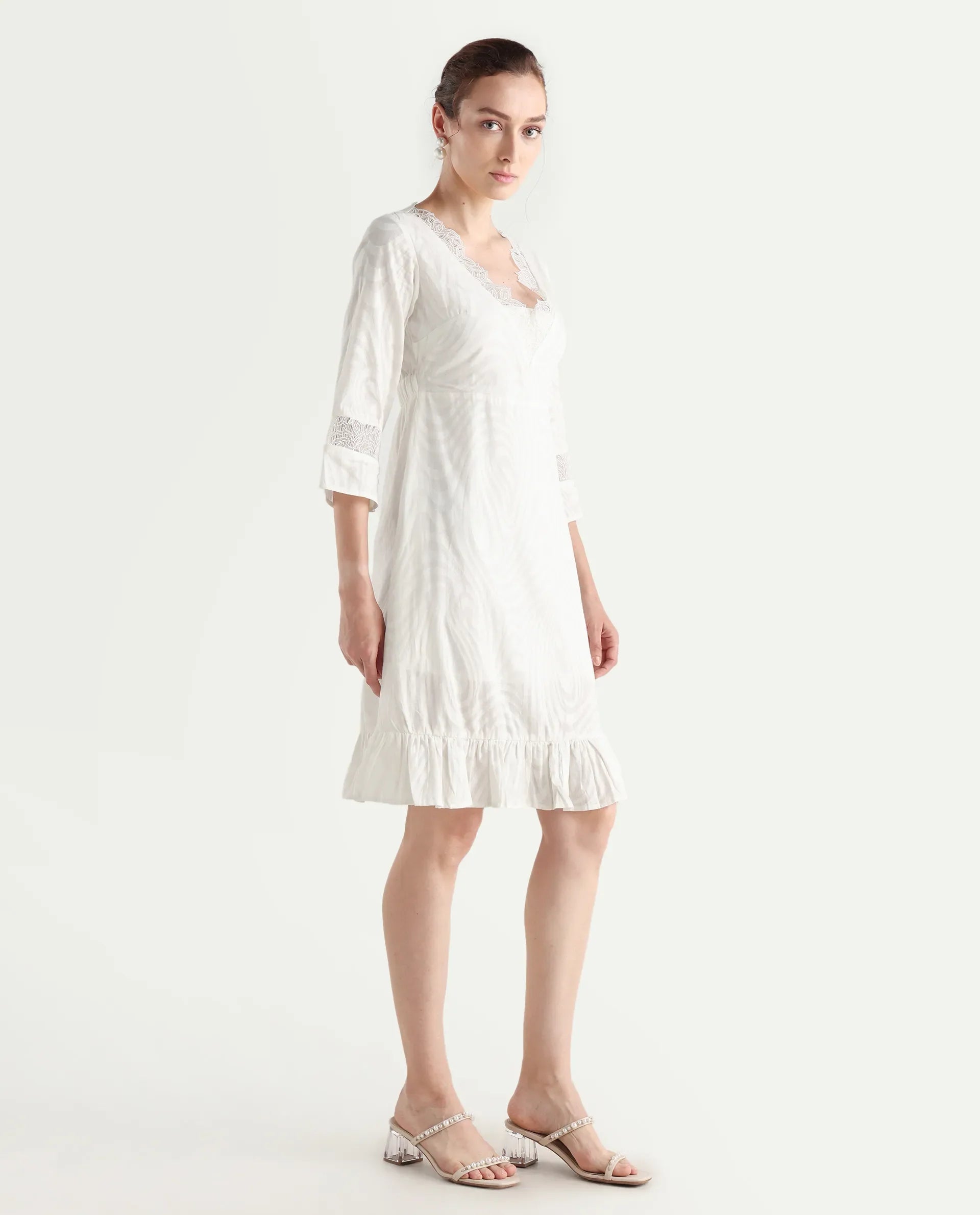 Rareism Women's Jancuol Off White Cotton V-Neck Plain Bell Sleeve Knee Length Fit And Flare Dress