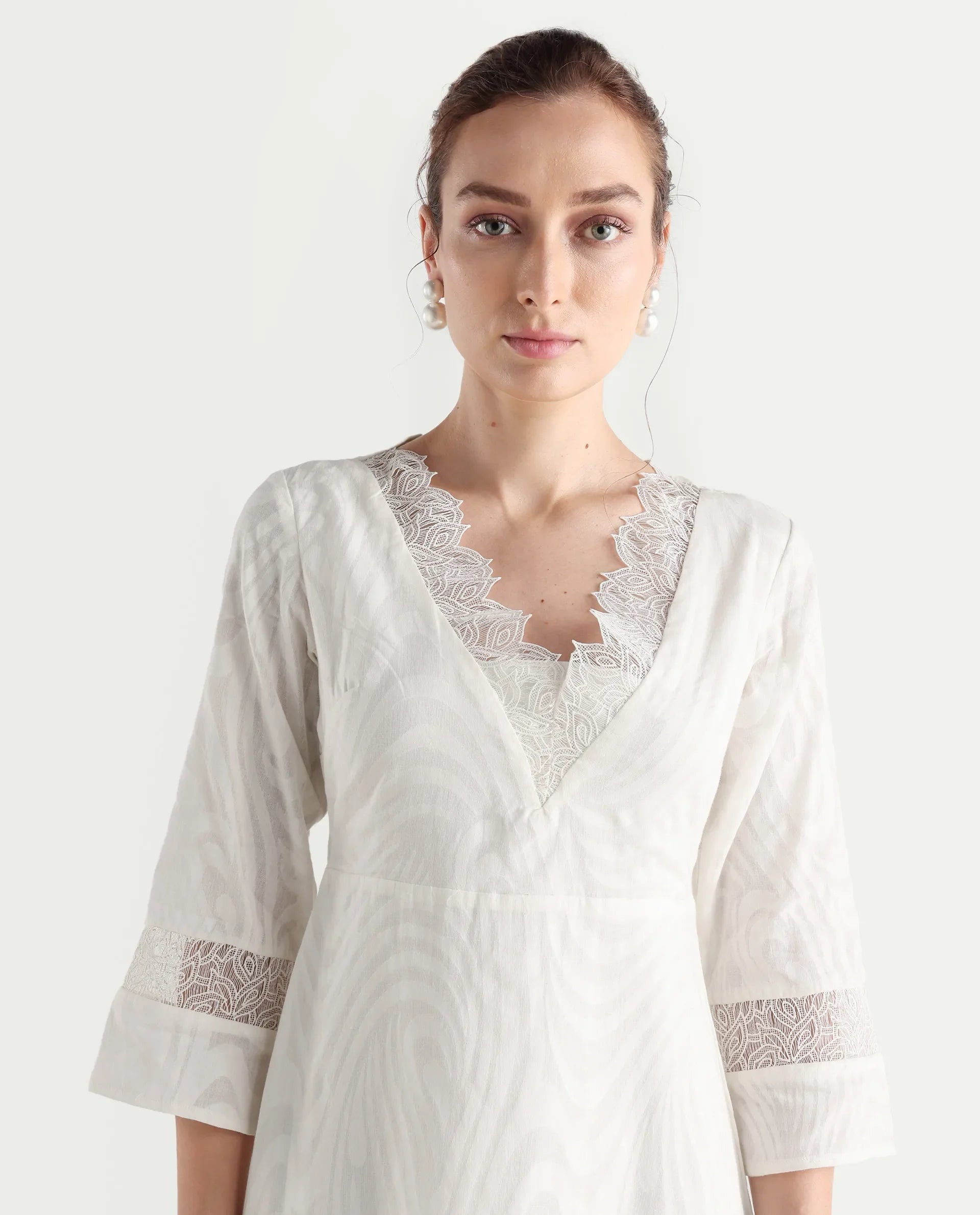 Rareism Women's Jancuol Off White Cotton V-Neck Plain Bell Sleeve Knee Length Fit And Flare Dress