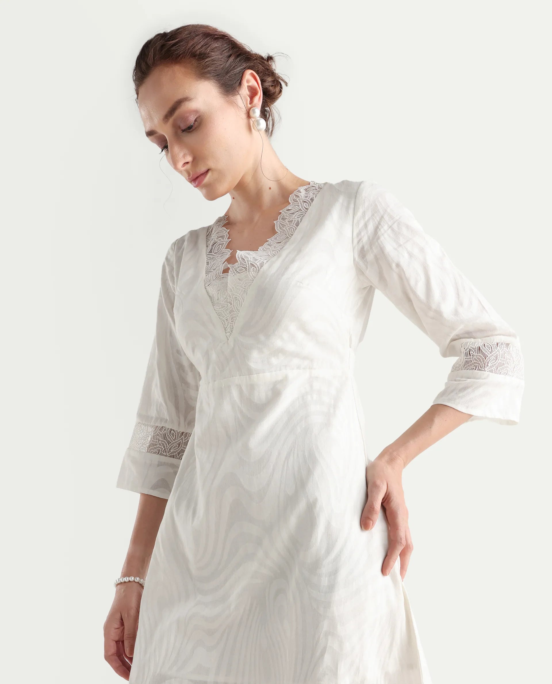 Rareism Women's Jancuol Off White Cotton V-Neck Plain Bell Sleeve Knee Length Fit And Flare Dress