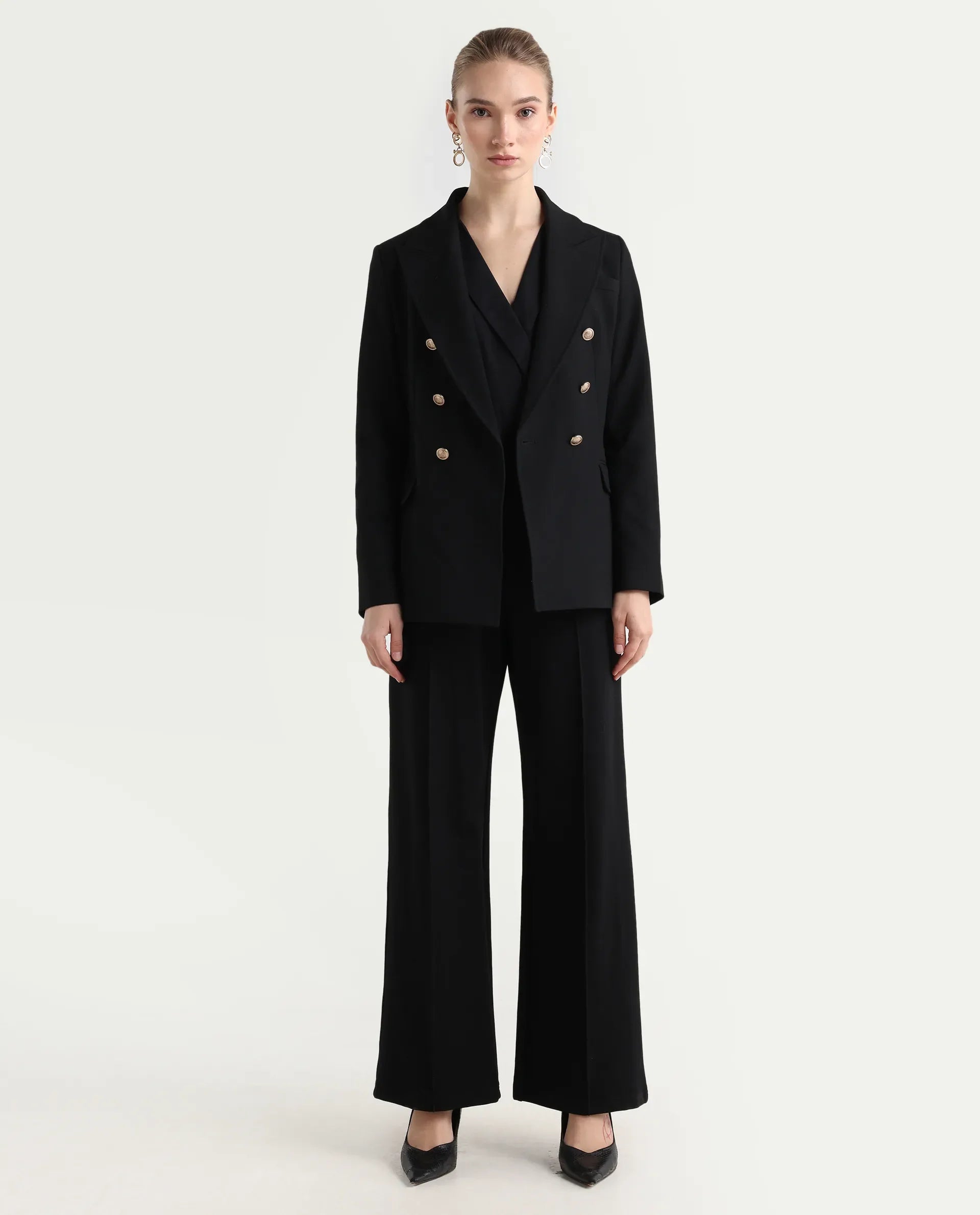Rareism Women's Jancura-R Black Rayon Blend Plain Ankle Length Bootcut Trouser
