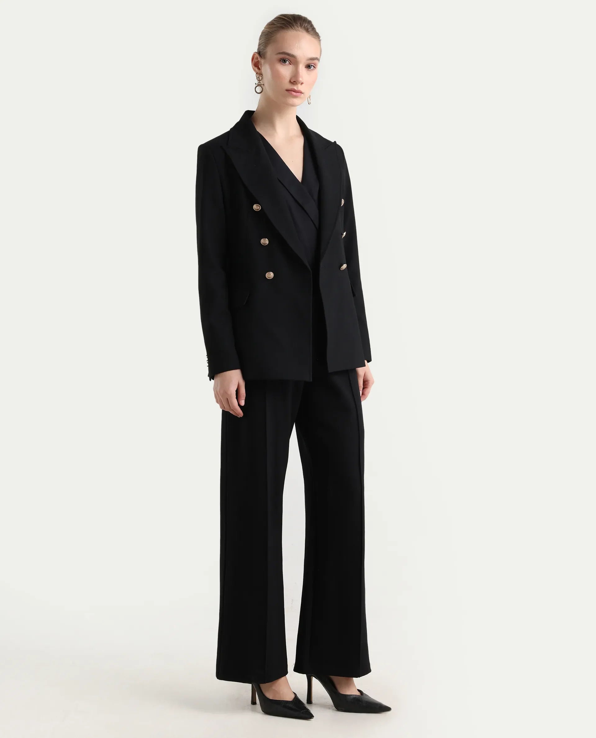 Rareism Women's Jancura-R Black Rayon Blend Plain Ankle Length Bootcut Trouser