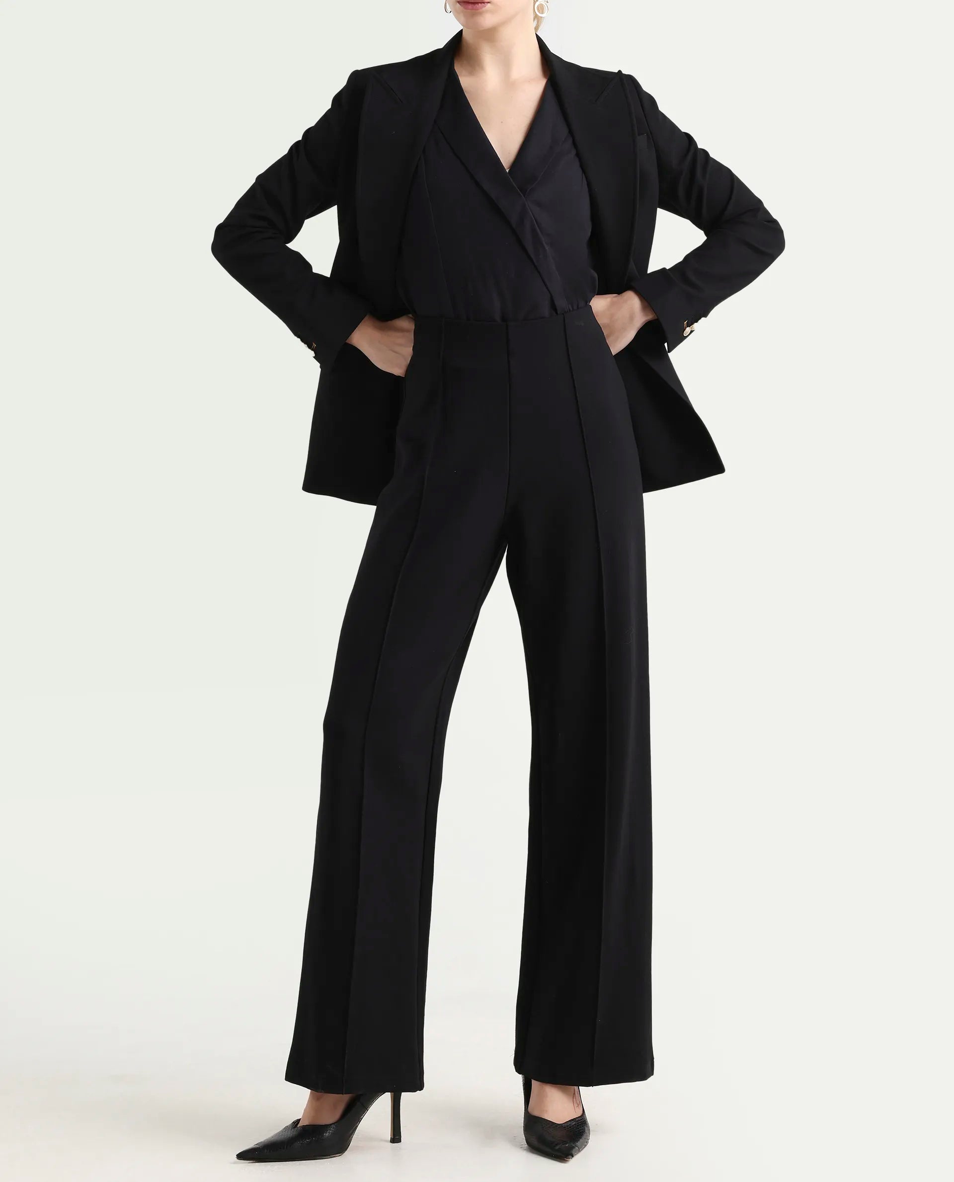 Rareism Women's Jancura-R Black Rayon Blend Plain Ankle Length Bootcut Trouser