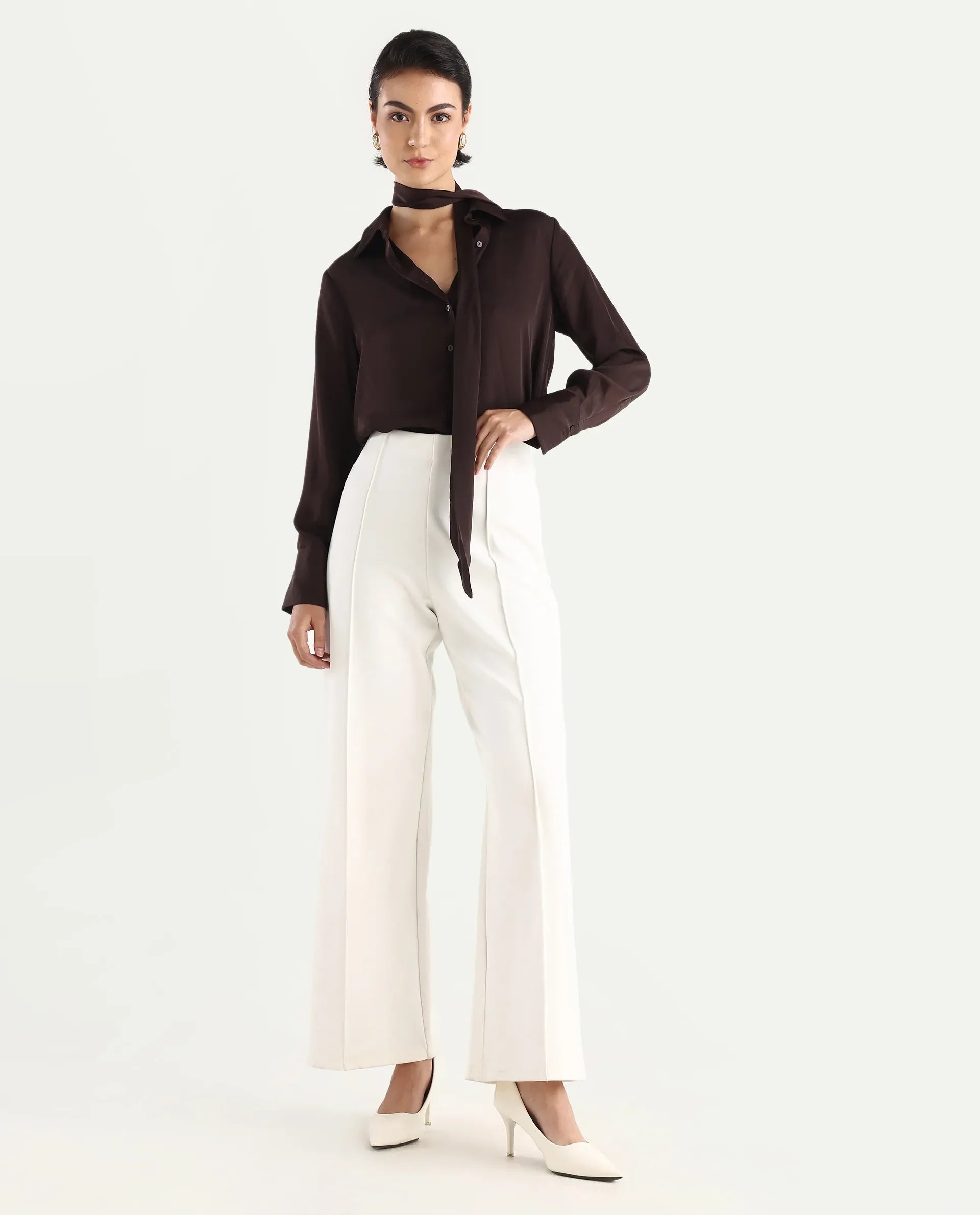 Rareism Women's Jancura Off White Nylon Straight Plain Trouser