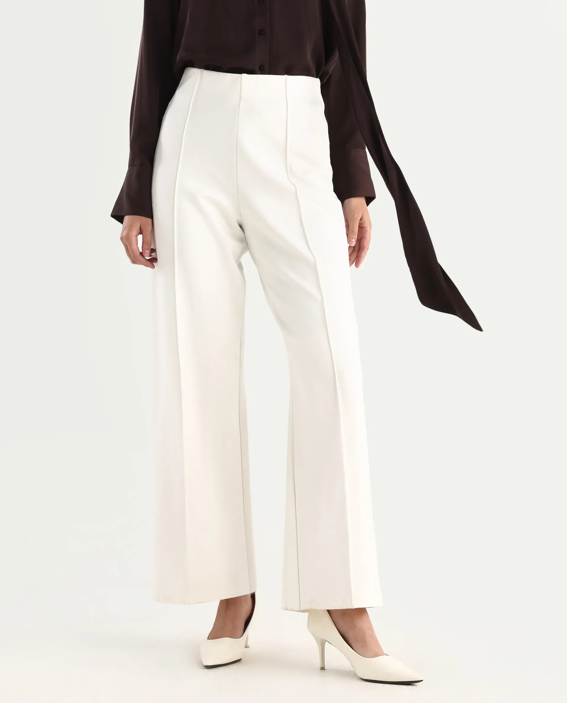 Rareism Women's Jancura Off White Nylon Straight Plain Trouser