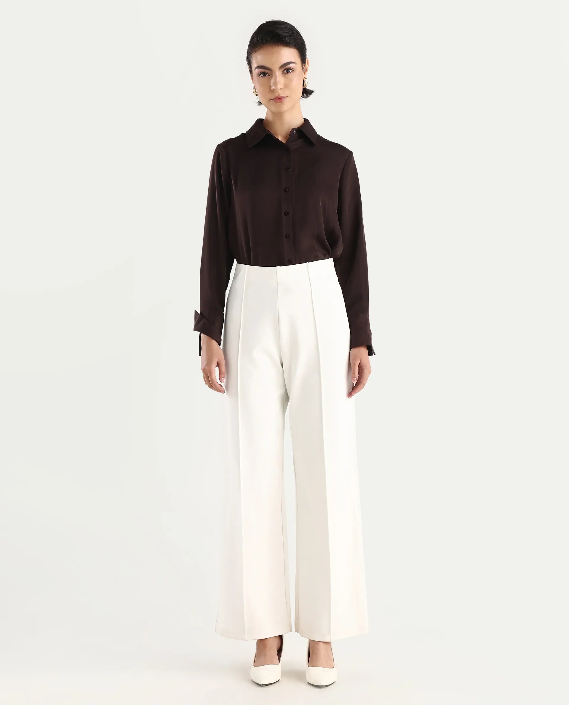 Rareism Women's Jancura Off White Nylon Straight Plain Trouser