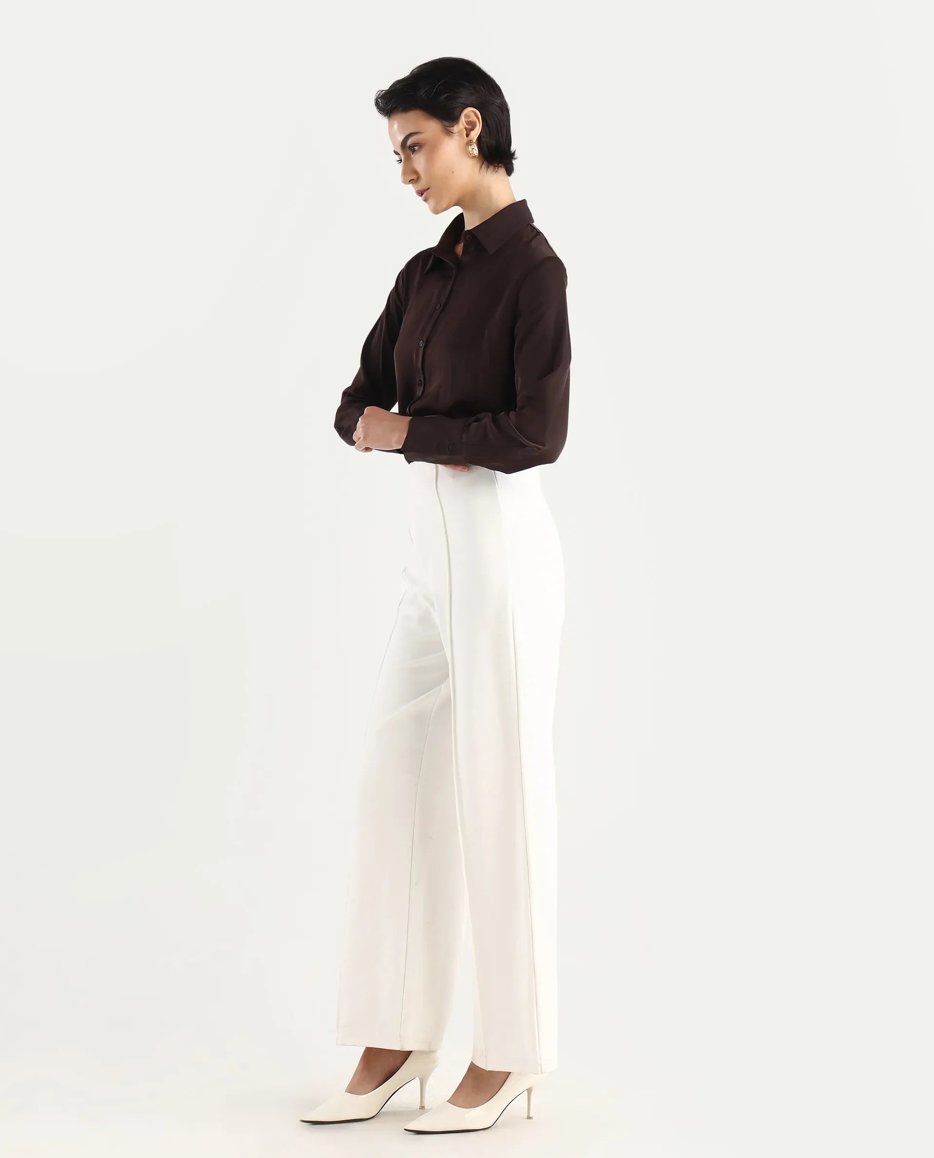 Rareism Women's Jancura Off White Nylon Straight Plain Trouser