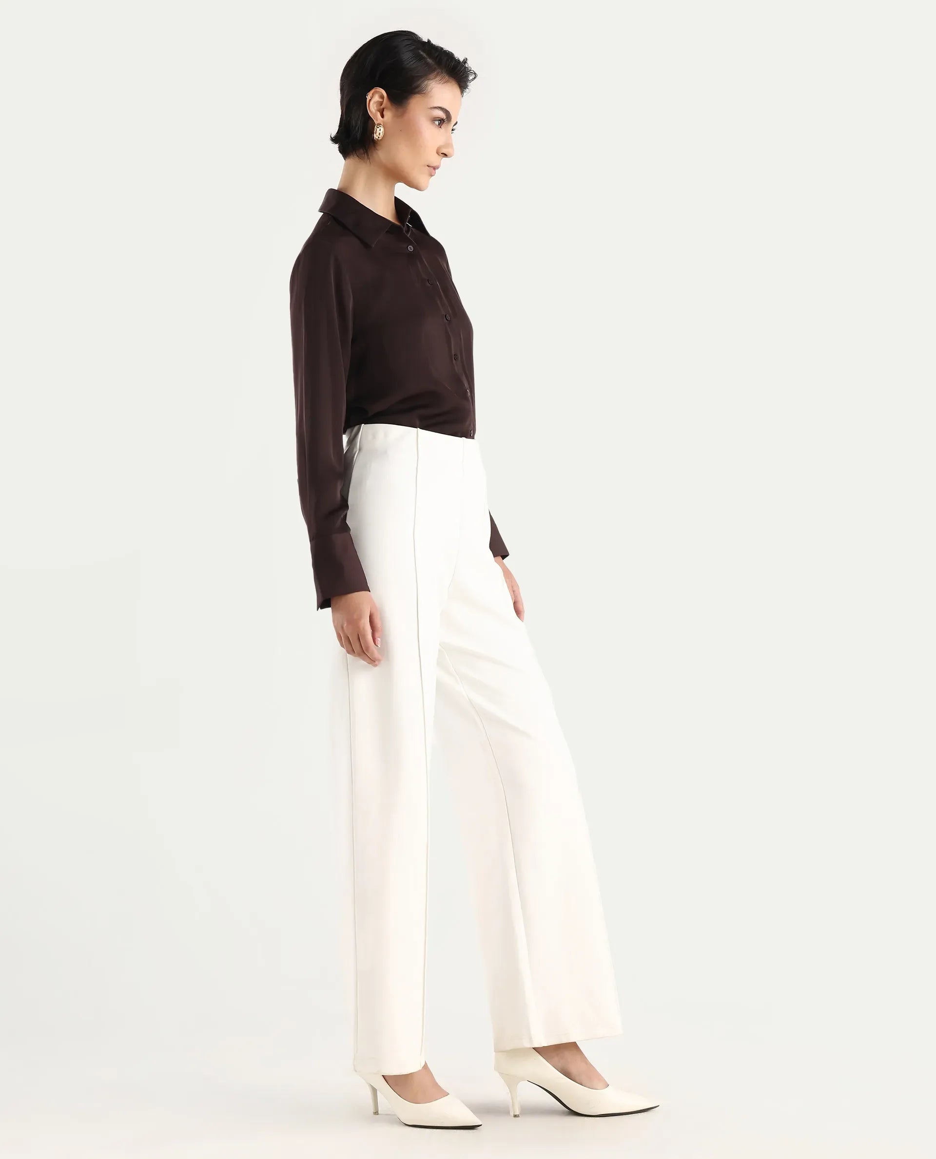 Rareism Women's Jancura Off White Nylon Straight Plain Trouser