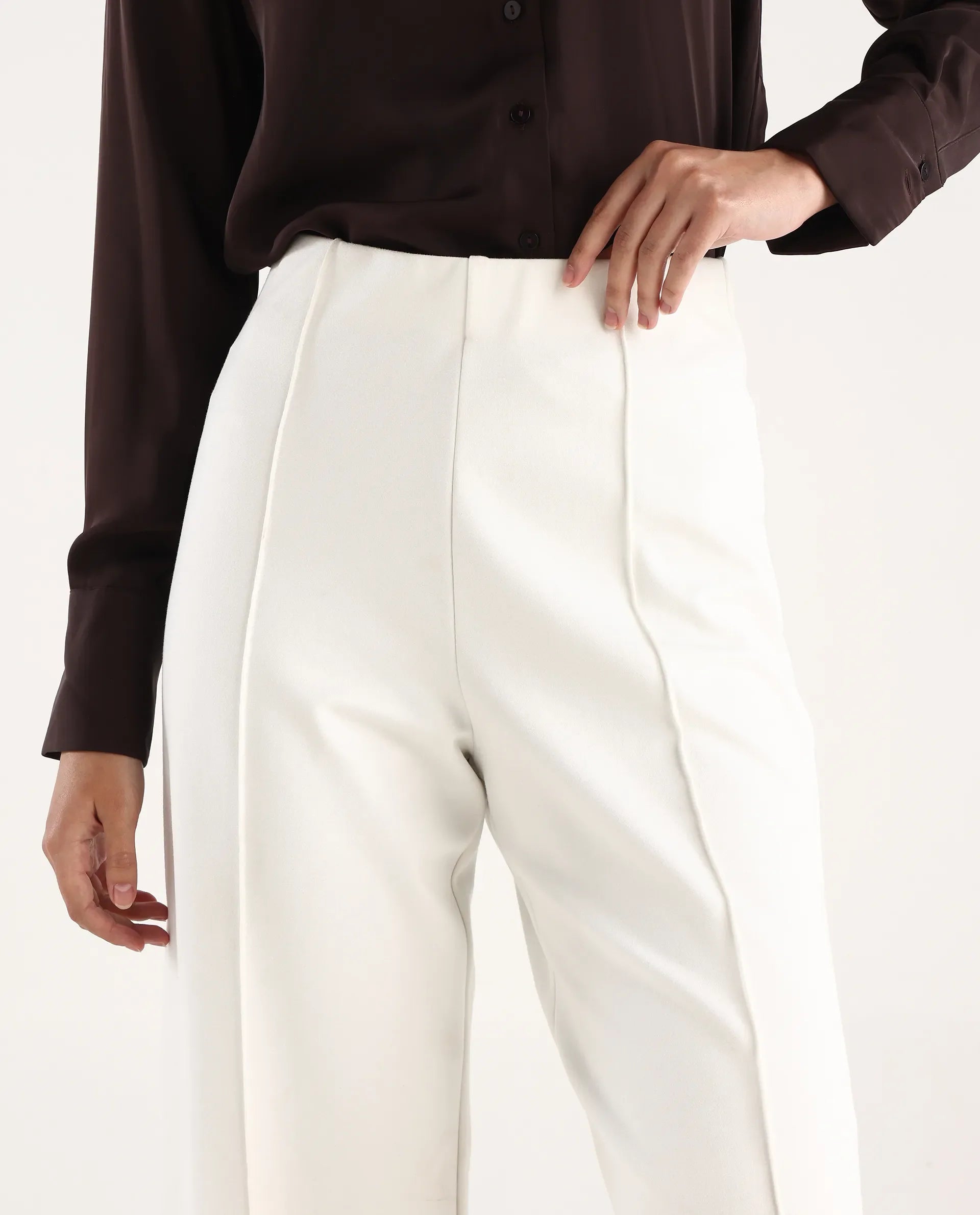 Rareism Women's Jancura Off White Nylon Straight Plain Trouser