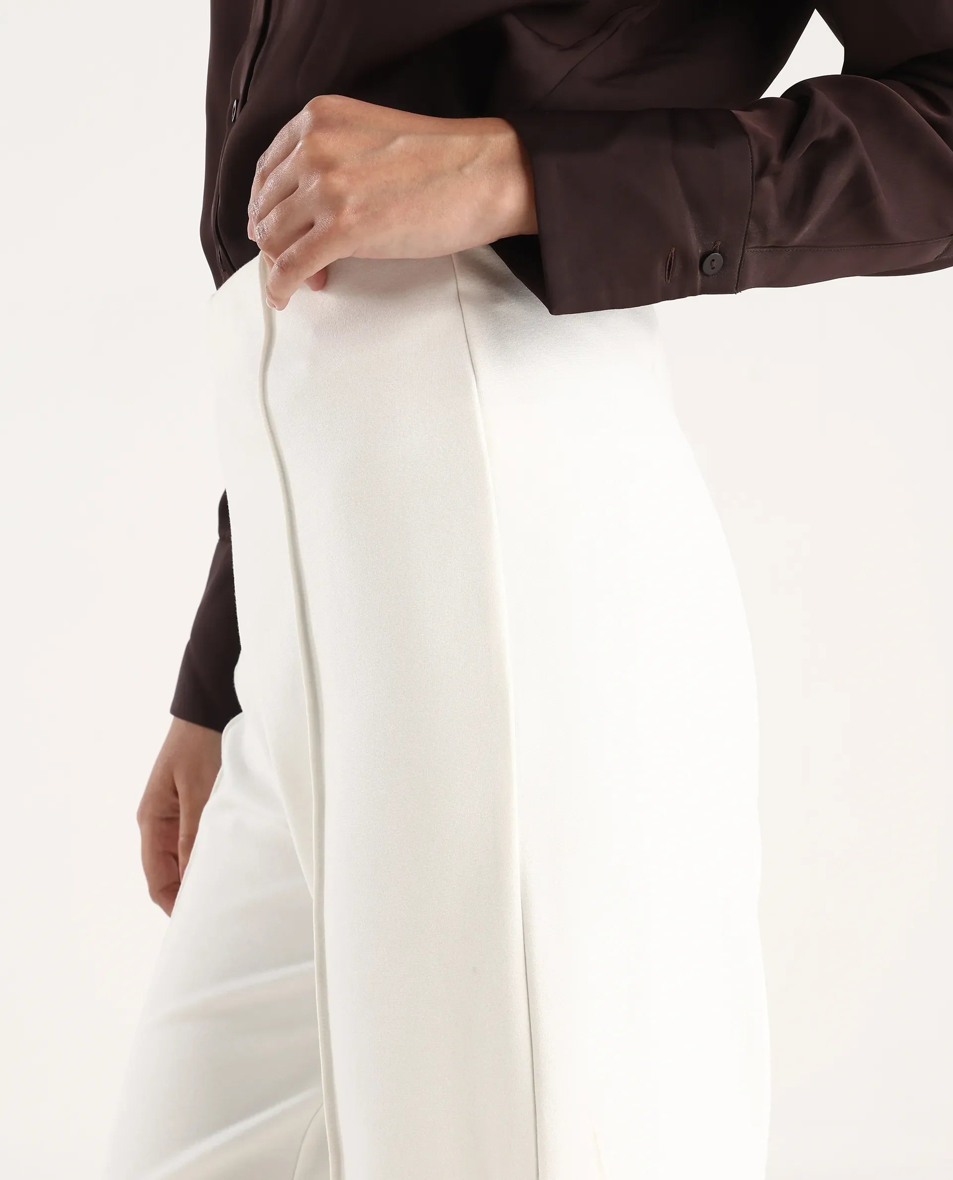 Rareism Women's Jancura Off White Nylon Straight Plain Trouser