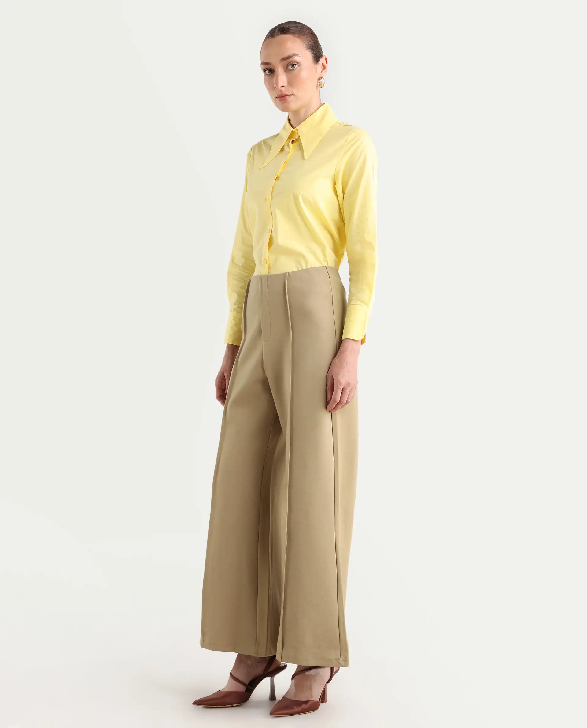 Rareism Women's Jancura Beige Rayon Blend Plain Ankle Length Bootcut Trouser