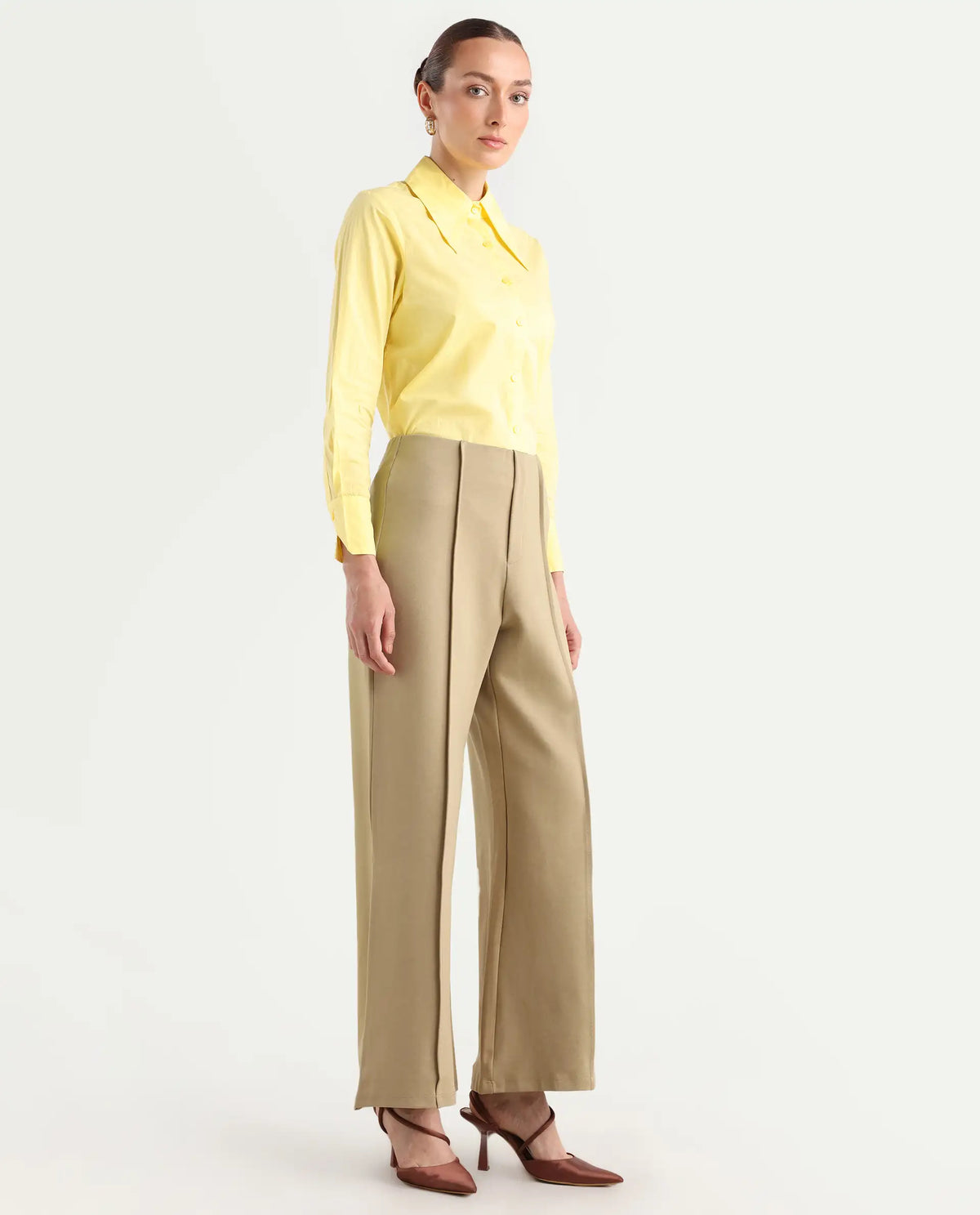 Rareism Women's Jancura Beige Rayon Blend Plain Ankle Length Bootcut Trouser