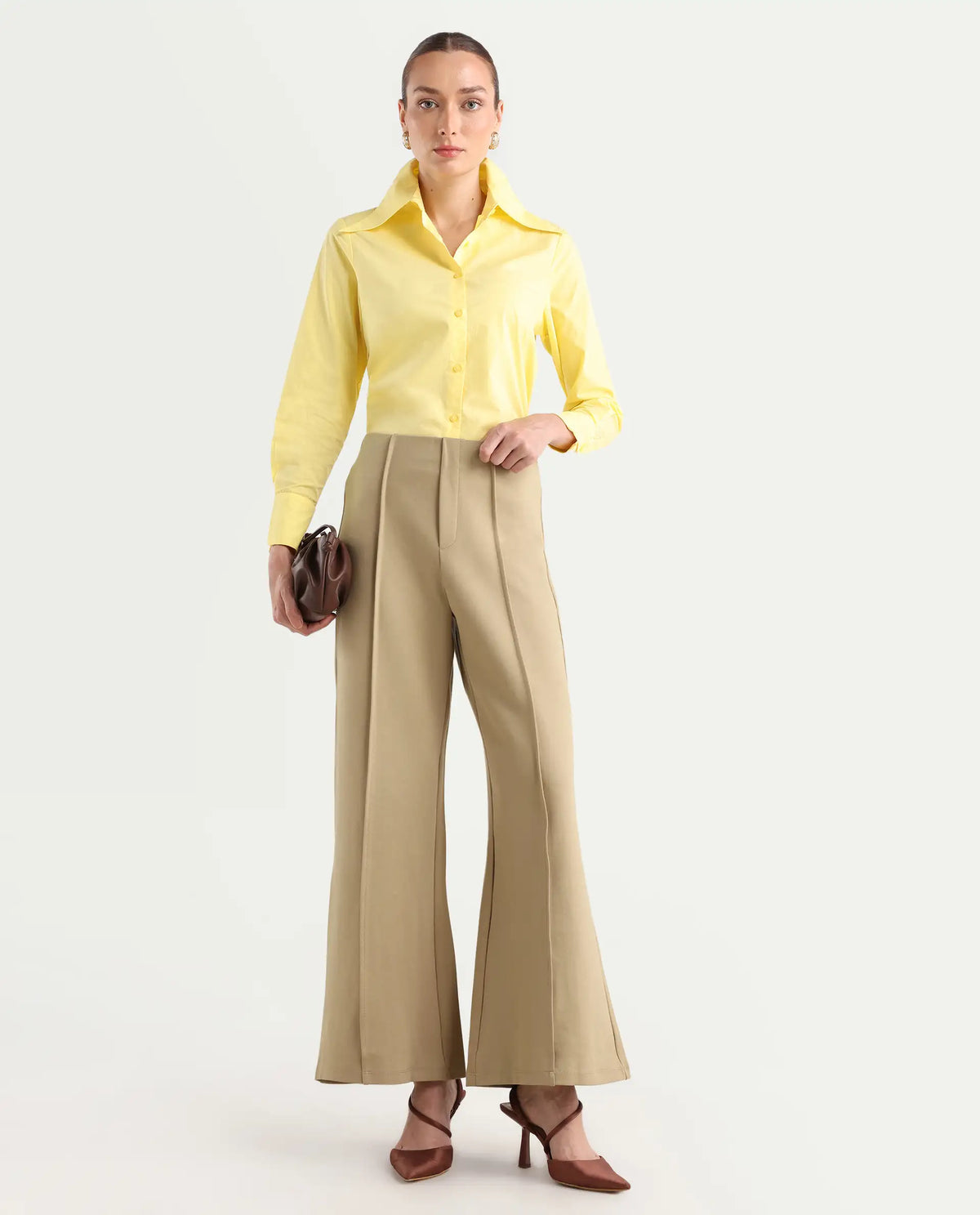 Rareism Women's Jancura Beige Rayon Blend Plain Ankle Length Bootcut Trouser