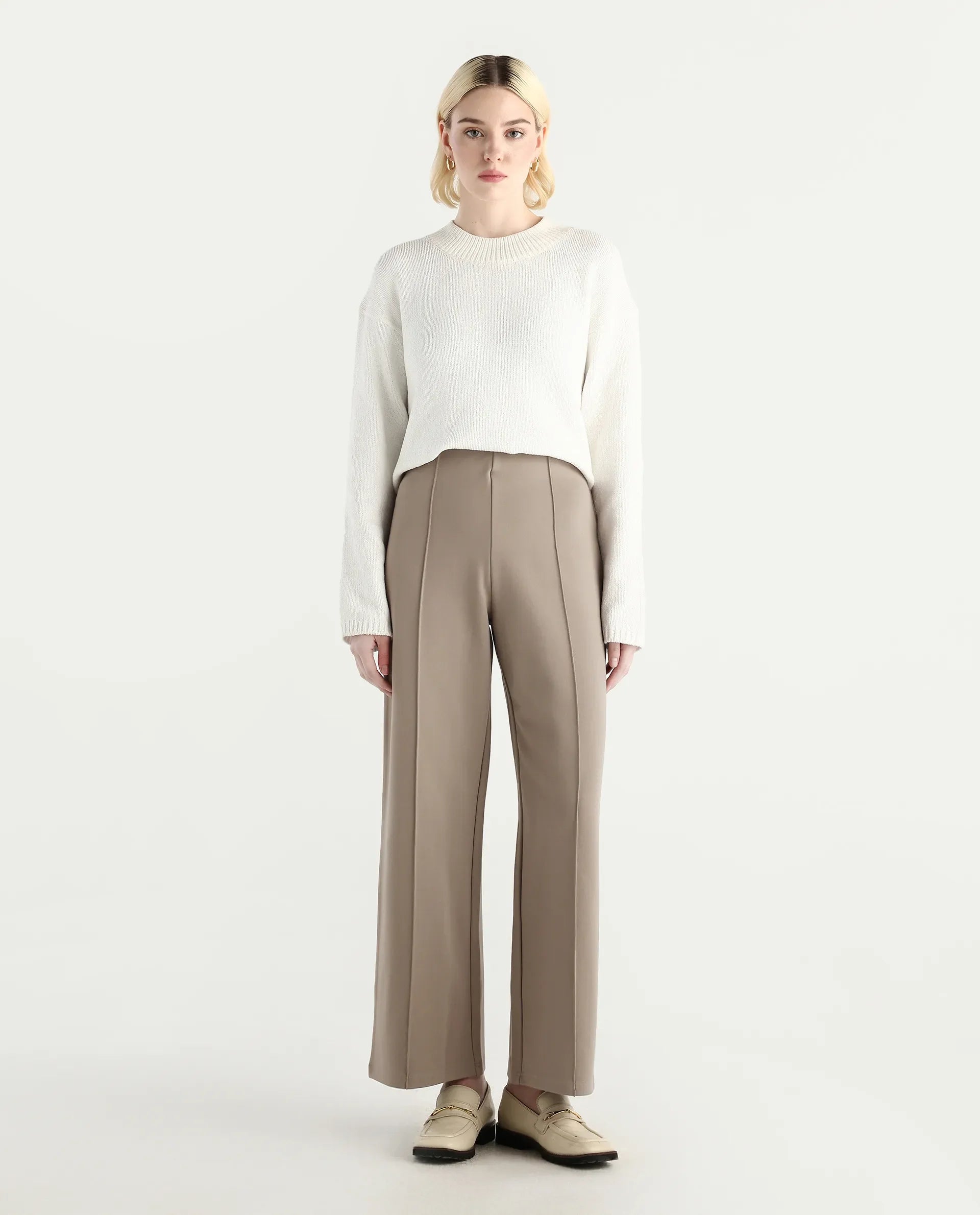 Rareism Women's Jancura-R Beige Viscose Blend Fabric Straight Plain Trouser