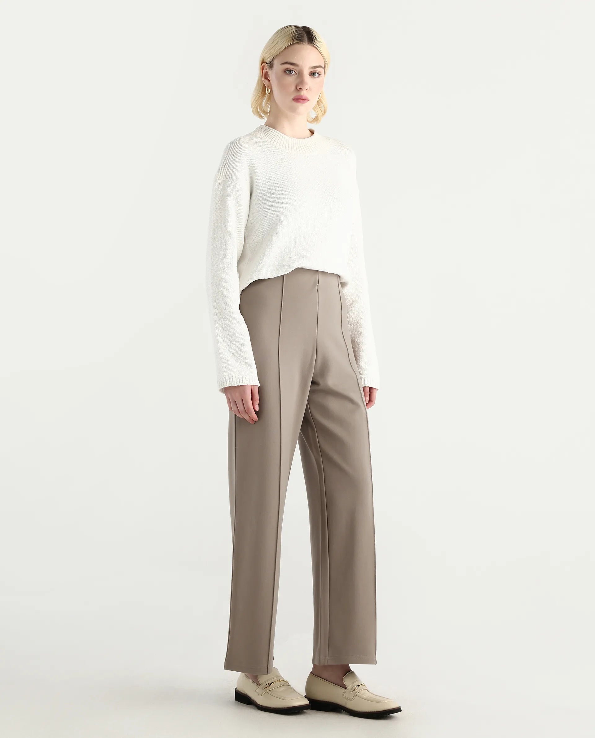 Rareism Women's Jancura-R Beige Viscose Blend Fabric Straight Plain Trouser