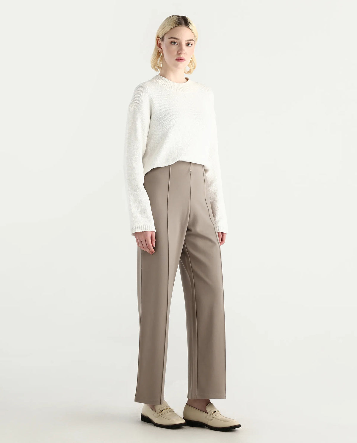 Rareism Women's Jancura-R Beige Viscose Blend Fabric Straight Plain Trouser