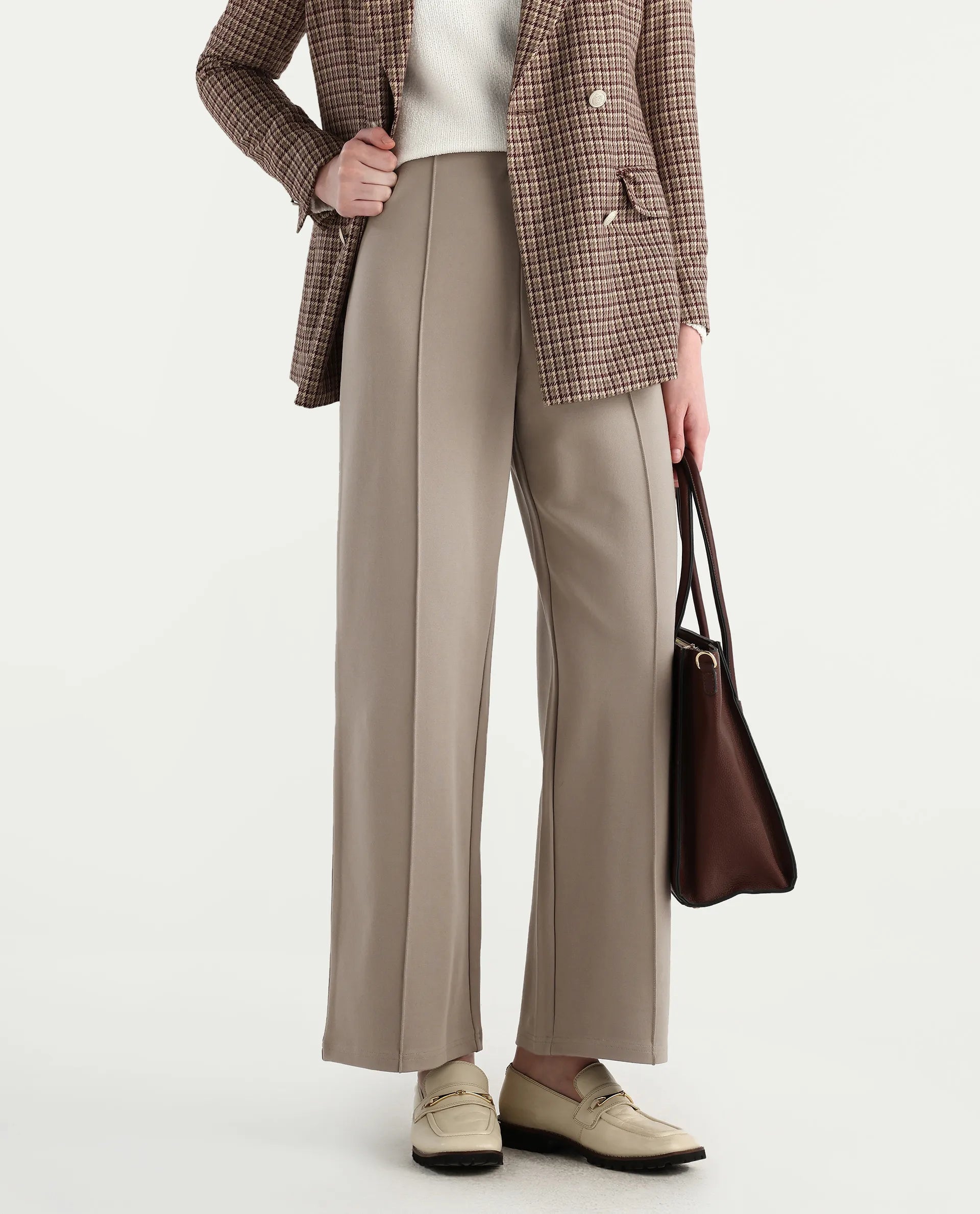 Rareism Women's Jancura-R Beige Viscose Blend Fabric Straight Plain Trouser