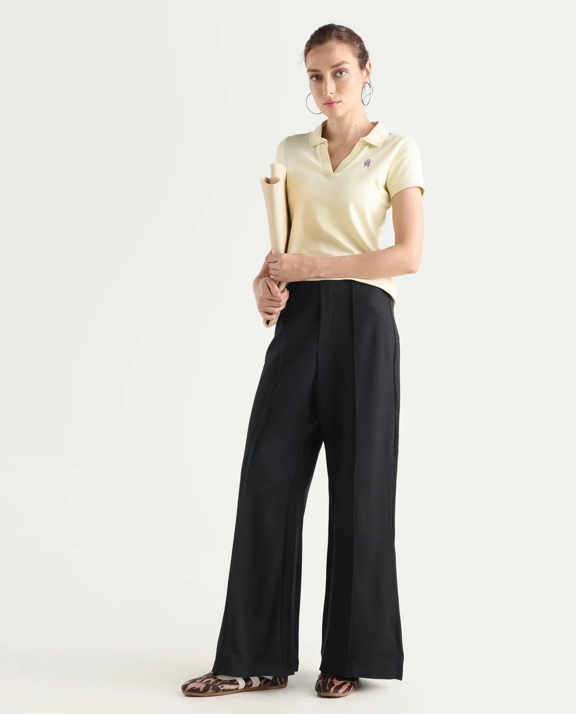 Rareism Women's Jancura Black Nylon Fabric Straight Plain Trouser