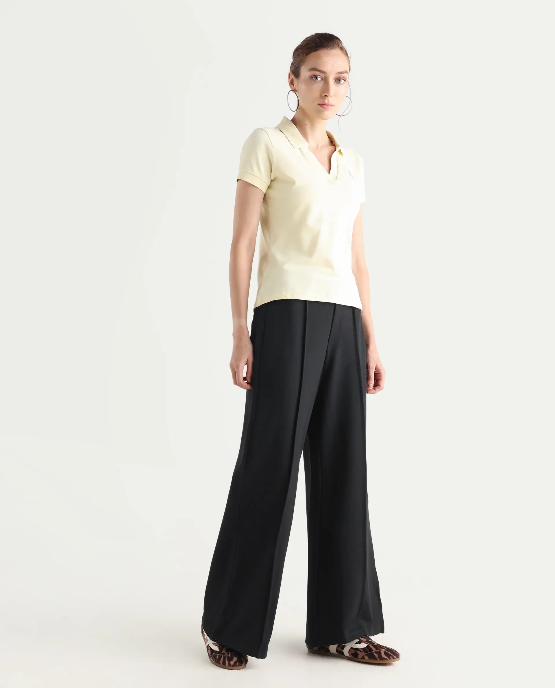 Rareism Women's Jancura Black Nylon Fabric Straight Plain Trouser