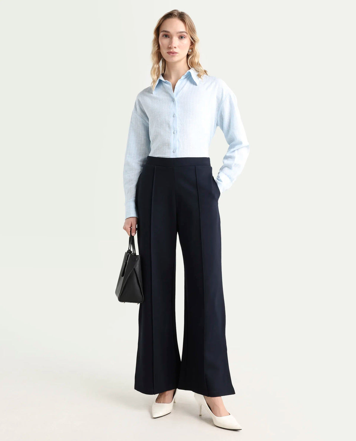 Rareism Women's Jancuri Navy Rayon Blend Plain Ankle Length Straight Fit Trouser