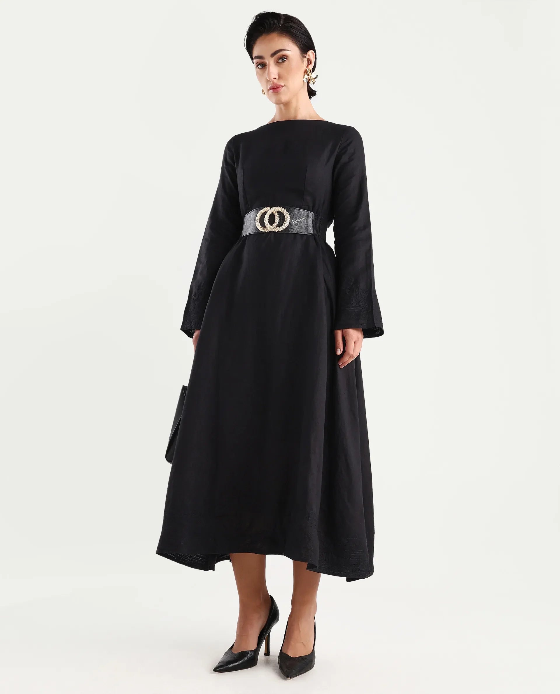 Rareism Women's Jander Black Linen Boat Neck Plain Maxi Fit And Flare Dress