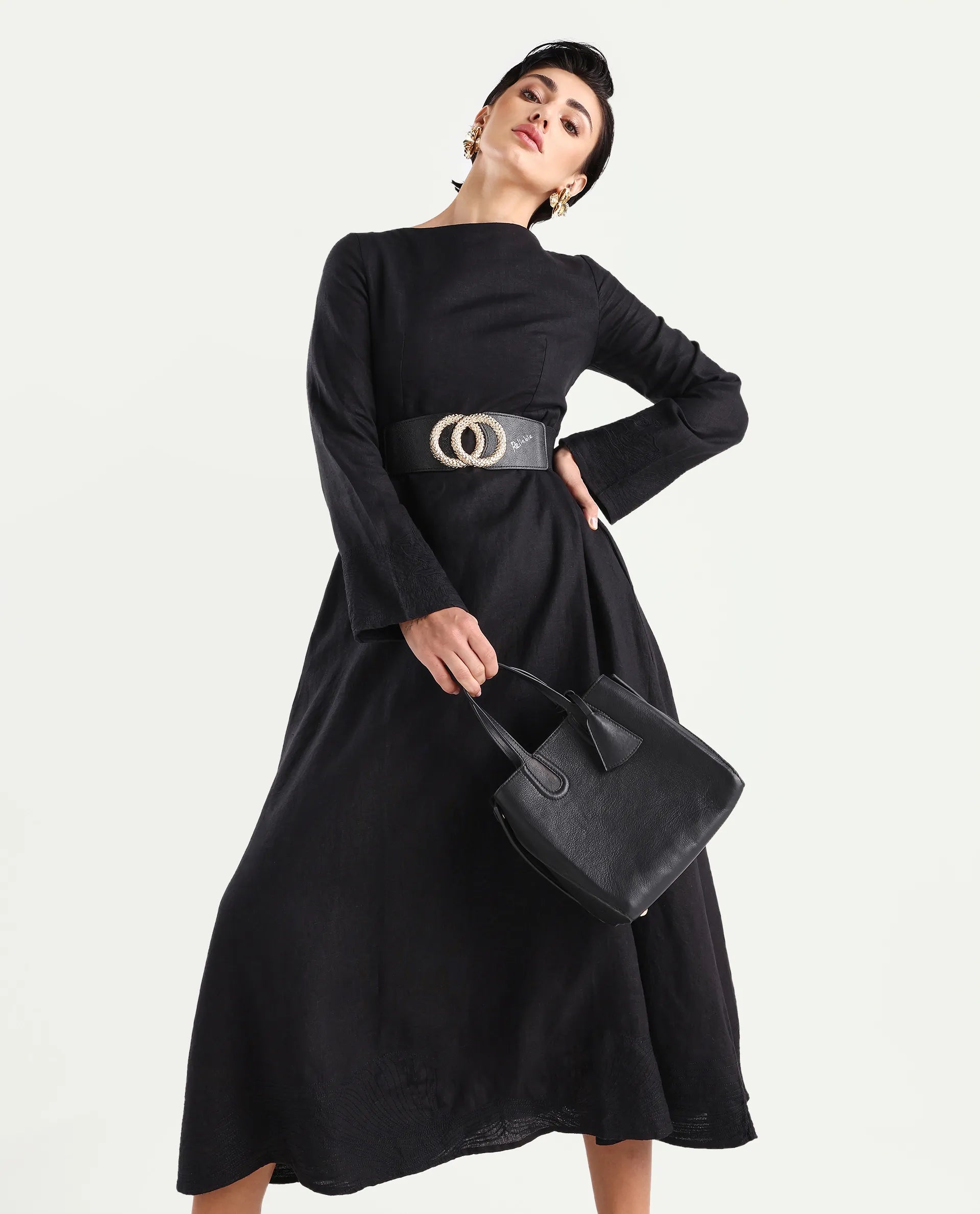 Rareism Women's Jander Black Linen Boat Neck Plain Maxi Fit And Flare Dress