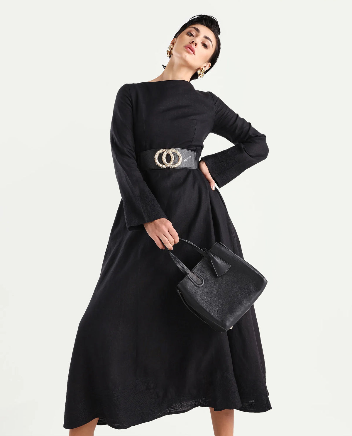 Rareism Women's Jander Black Linen Boat Neck Plain Maxi Fit And Flare Dress