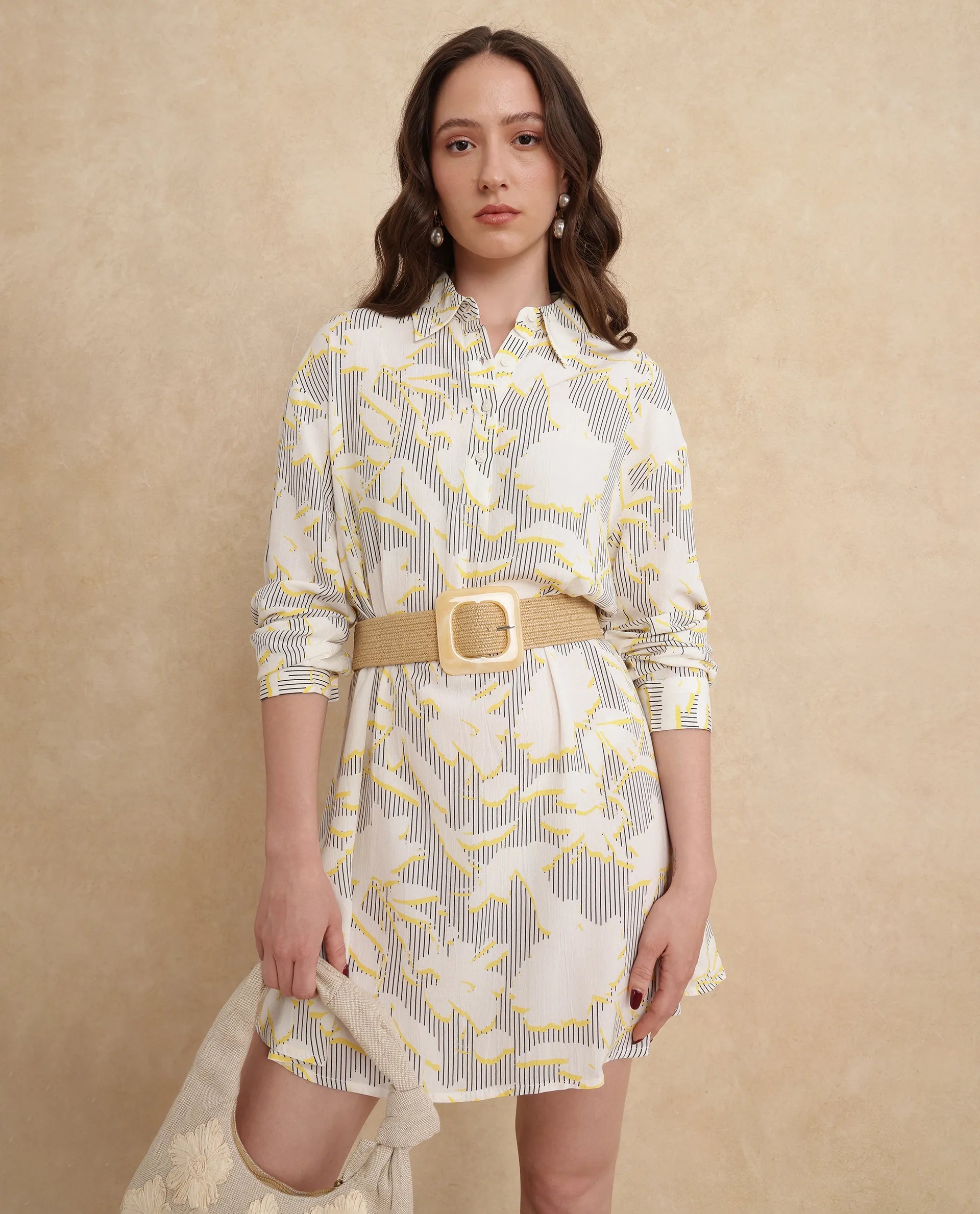 Rareism Women's Jandop Light Multi Cotton Fabric Collared Neck Button Closure Cuffed Sleeve Abstract A-Line Mini Dress